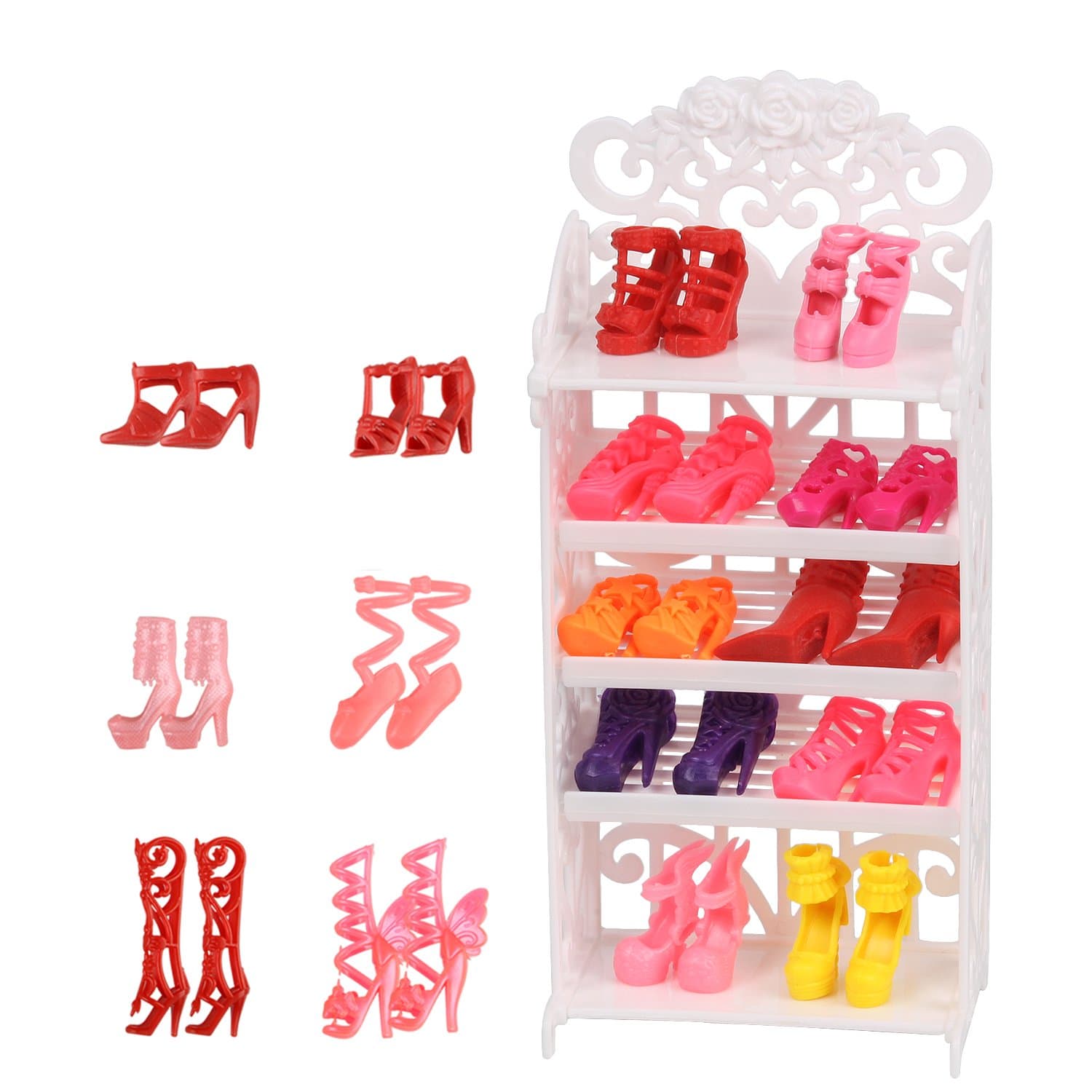 JING SHOW BUSSINESS Doll Shoes Rack Accessory + 16 Pairs Mini Shoes for Baby Doll for 11inch Mini Doll