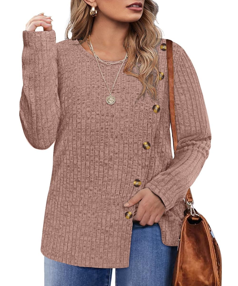 CARCOS Womens Plus Size Tops Long Sleeve Shirts Round/V Neck Tunics Solid Casual Lightweight Pullover Sweaters Fall XL-5XL