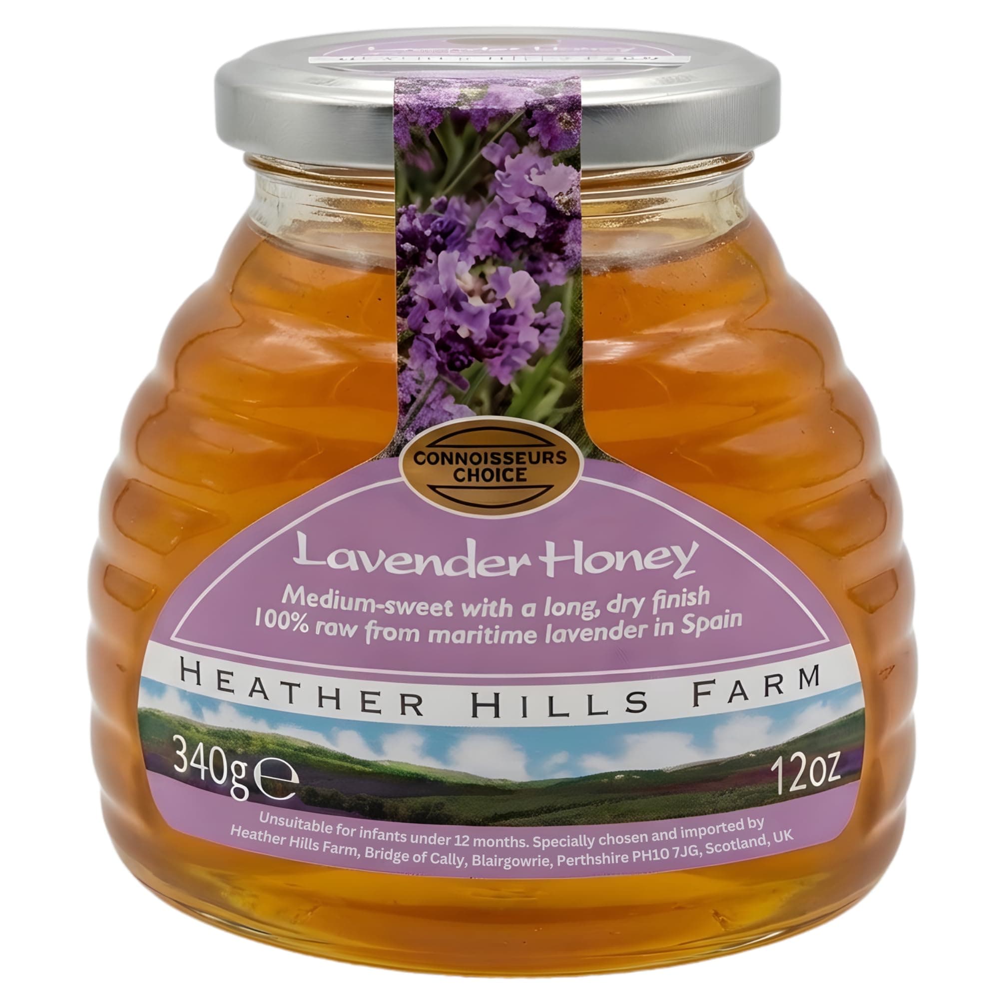 Heather Hills Farm Raw Spanish Lavender Honey 340g (12oz) | Pure, Natural, Unfiltered & Unpasteurized | Runny, Amber, Clear Monofloral Honey in Glass Jar | Sweet Food Spread Gift, Made in Spain