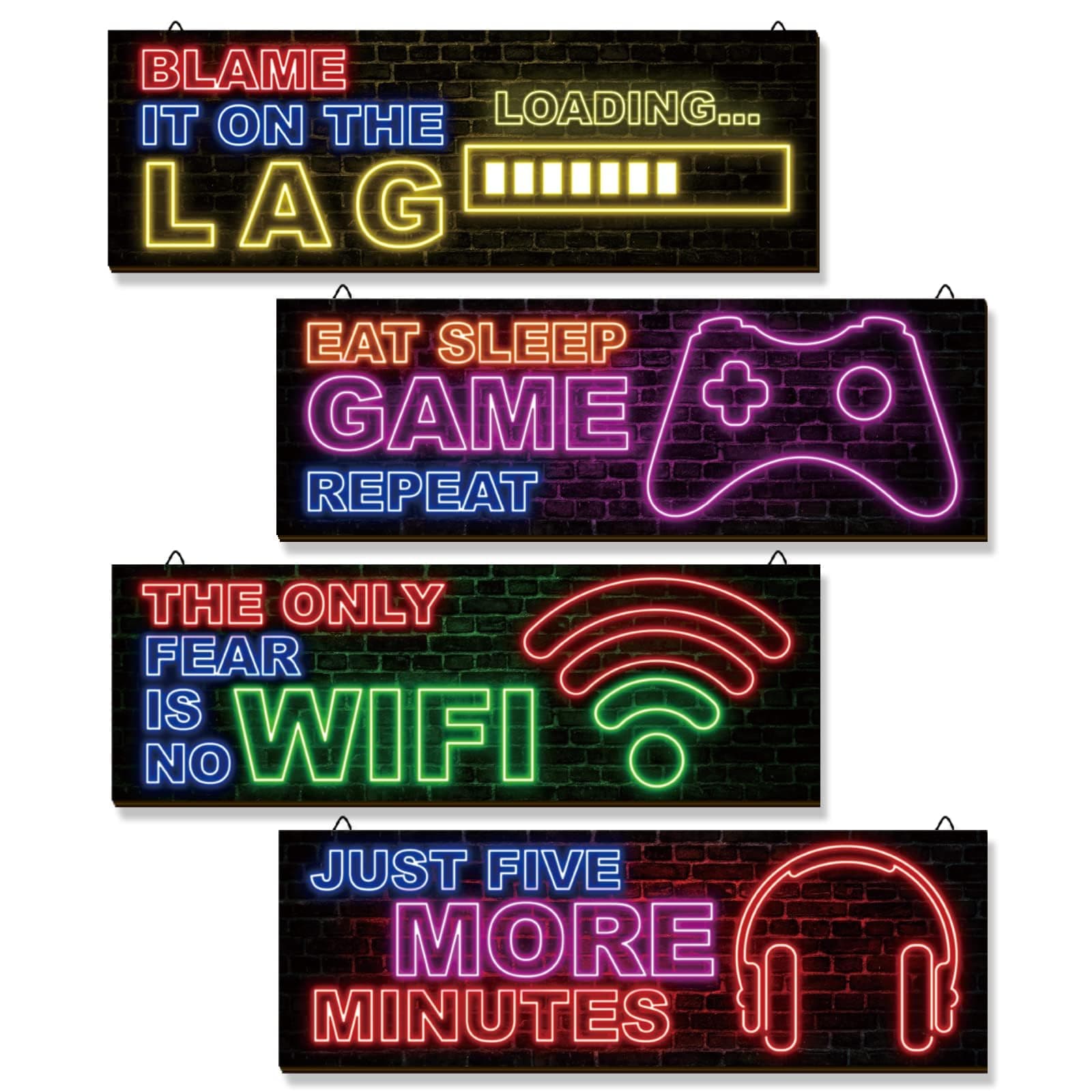 4 Pcs Neon Gaming Decor for Boys Room Wooden Video Game Wall Art Motivational Quote Gamer Hanging Plaques Inspirational Wall Decor for Boys Kids Room Bedroom Playroom Decorations (16 x 5 Inches)