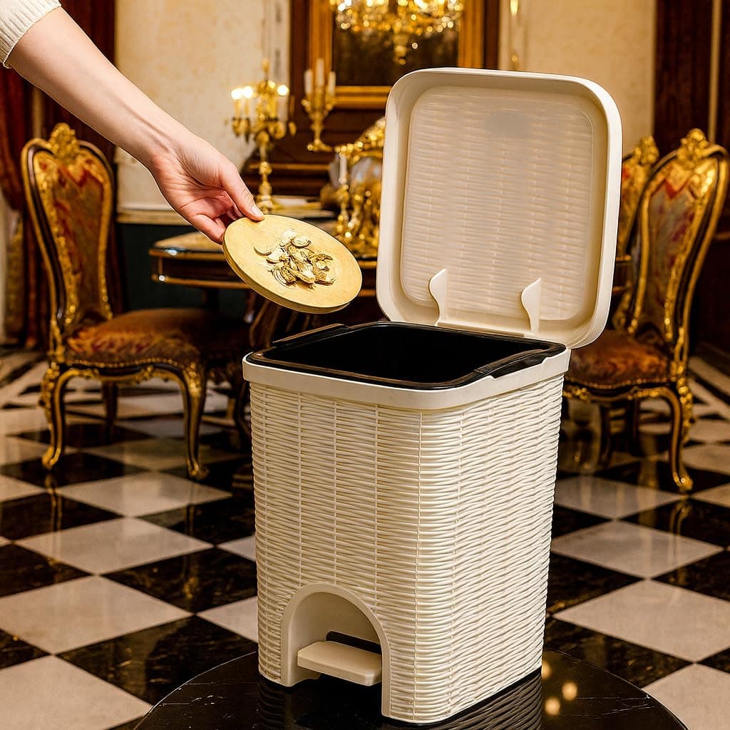 PARASNATH Plastic Rattan Design(Off-White Colour)Pedal Dustbin 7Litre Modern Light-Weight Dustbin For Home&Office Off White Colour-Made In India-Small Size 8Inch X 8Inch X 11 Inch(Actual Price 799)