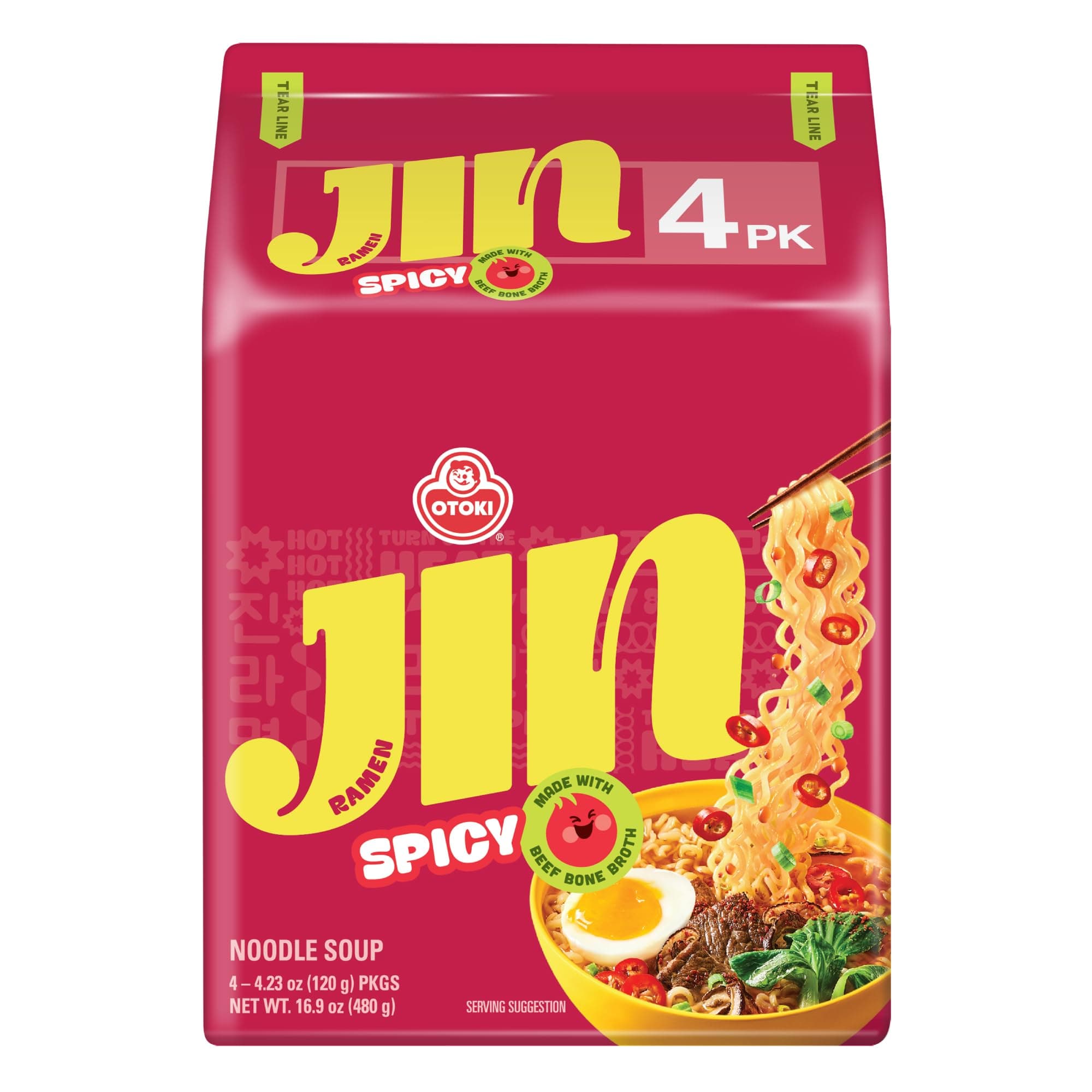 OTOKI Jin Ramen – Spicy Flavor | Authentic Korean Instant Noodles, Bold & Savory Korean Ramen Soup, 4.23 oz (Pack of 4)