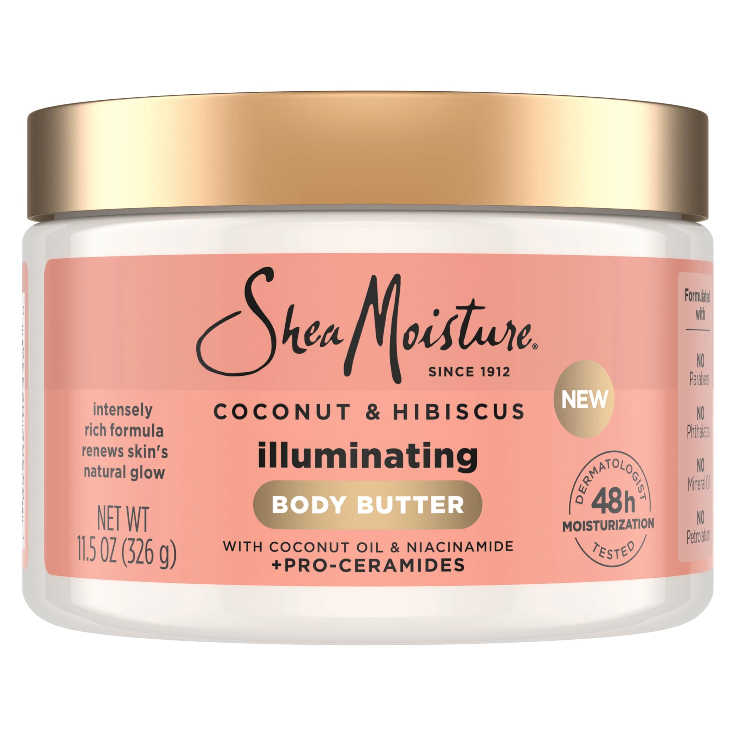 SHEA MOISTURE Illuminating Body Butter with Coconut & Hibiscus, Niacinamide and Pro-Ceramides, Renewing Skin’s Natural Glow, 48H Moisturizing 11.5 oz