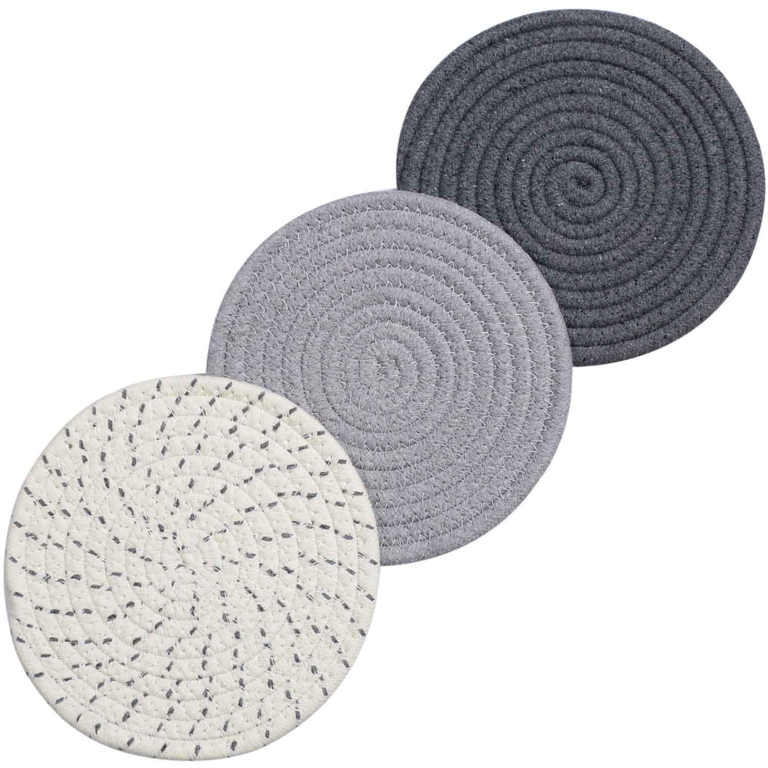 Potholders Set Trivets Set 100% Pure Cotton Thread Weave Hot Pot Holders Set (Set of 3) Hot Pads, Hot Mats, Stylish Coasters, Spoon Rest for Bakingand Cooking, Diameter 7 Inches (Grey Set)