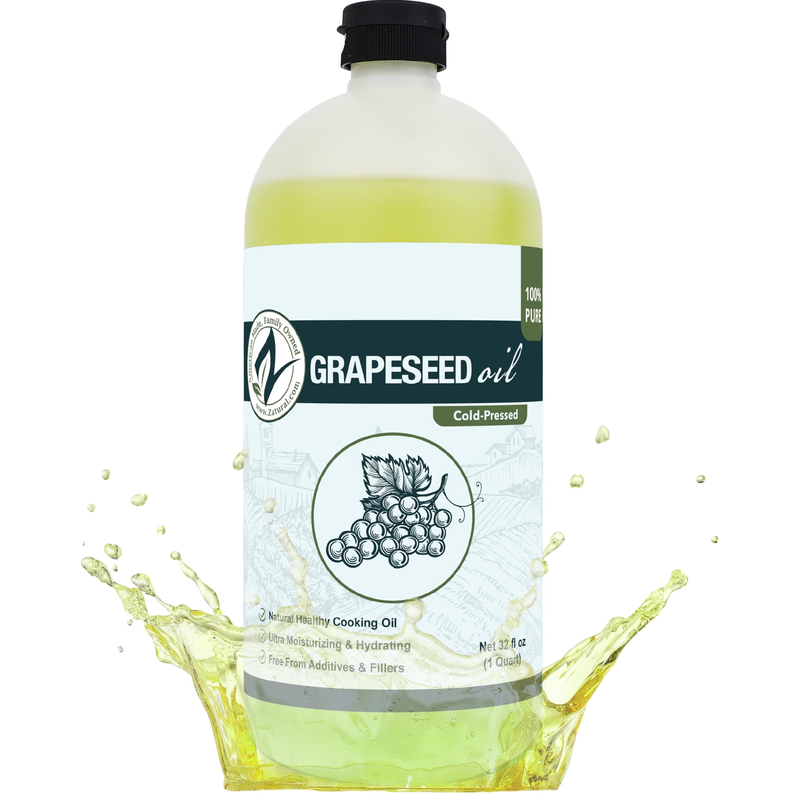Zatural 100% Pure Cold Pressed Grapeseed Oil – Naturally Grown Virgin, High Smoke Point 450°F+, Non-GMO, Perfect for Cooking Frying Baking, Dressings Marinades & Skincare Hair (32 Fl oz)