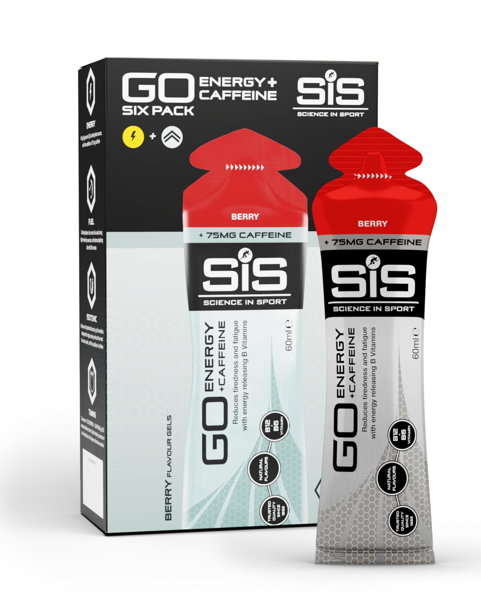 Science In Sport GO Isotonic Energy Gels | 75mg Caffeine | 22g Carbohydrates | Low Sugar | Easily Digestible | Gluten Free | No Water Needed | Running Gels | Berry Flavour | 6 Pack