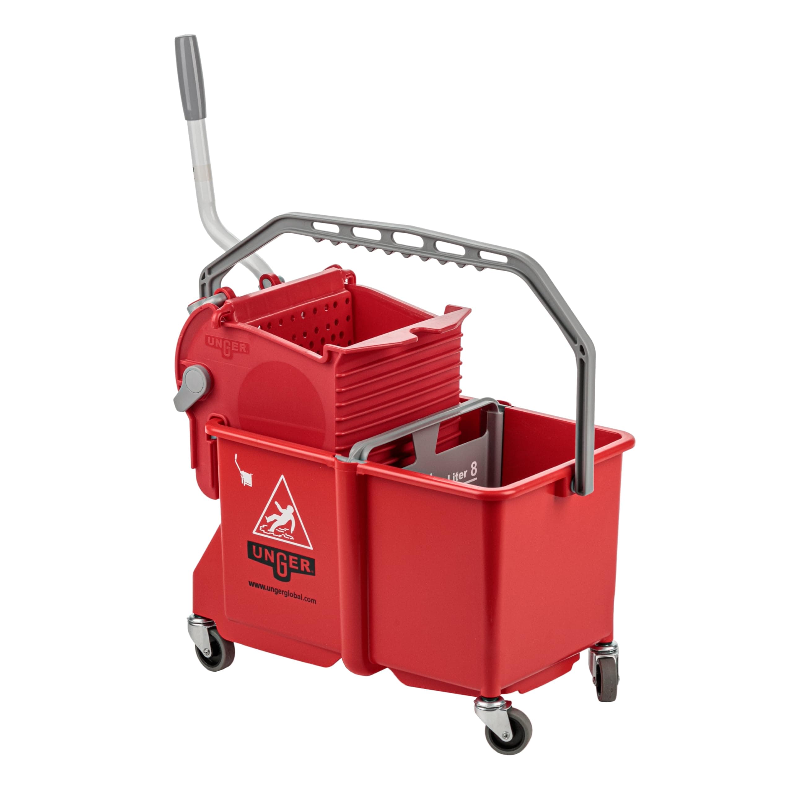 Unger Commercial - SmartColor Dual-Compartment Restroom Mop Bucket with Side-Press Wringer, 16 qt, Red - Restroom Cleaning - COMSR