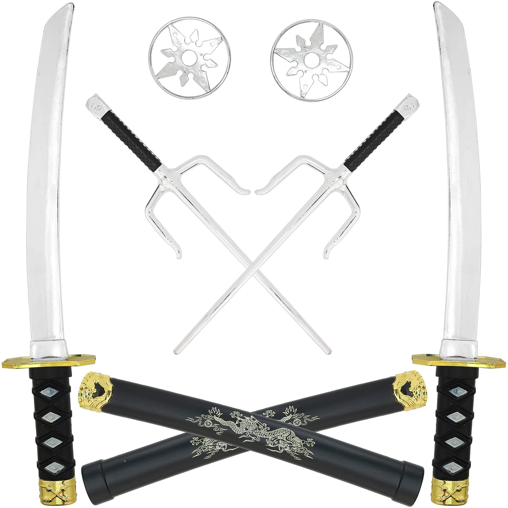 Skeleteen Ninja Weapons Toy Set - Fighting Warrior Weapon Costume Set with Katana Swords, Sai Daggers, and Shuriken Stars - 6 Pieces