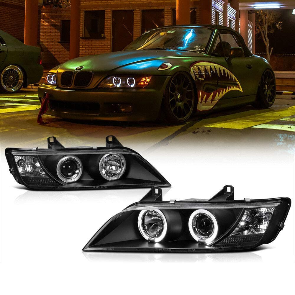 Crystal Sapphire, Brighter Illumination, Triple Layer Protection, Pair of LH+RH Infinity Black Angel Eye Halo Ring Projector Headlights for 1996-2002 BMW Z3 E36/7 | E36/8, High/Low Beam/Parking/Signal