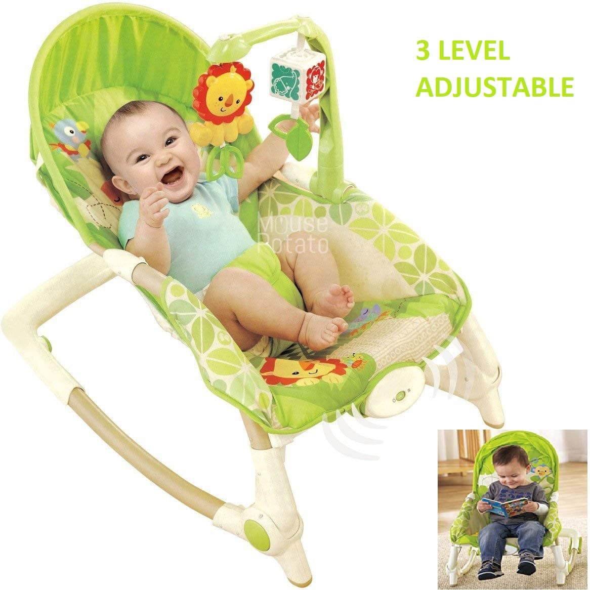 UJIE® 3 Level Adjustable Infant to Toddler Rocker Chair with Calming Vibrations, Metal Frame (Green)