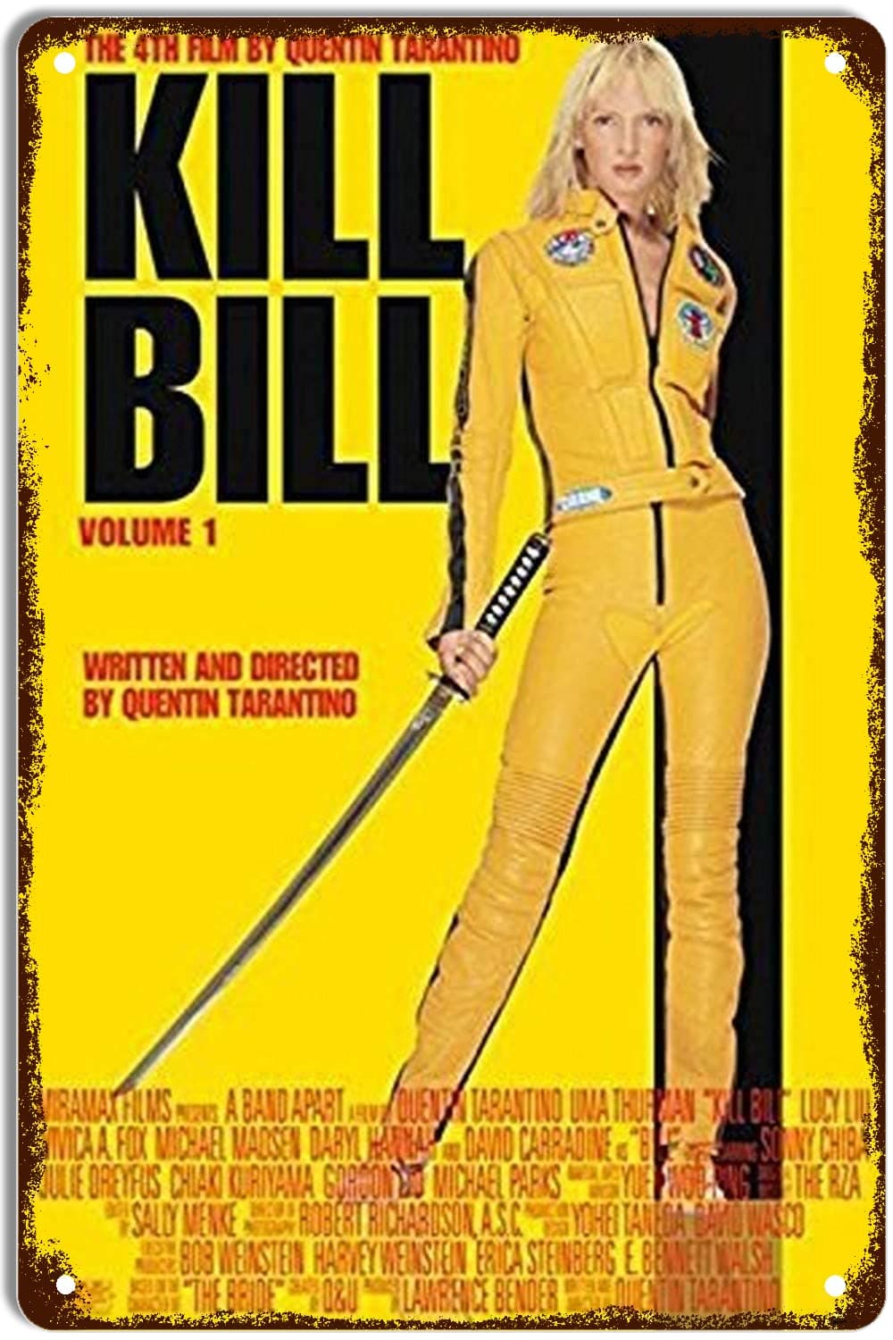 Pyramid America Kill Bill Volume 1 Uma Thurman Yellow Jumpsuit Quentin Tarantino Martial Arts Movie Metal Sign Vintage Tin Signs Wall Decor Decoration for Home Kitchen Garage Retro Plaque 12x8 Inch
