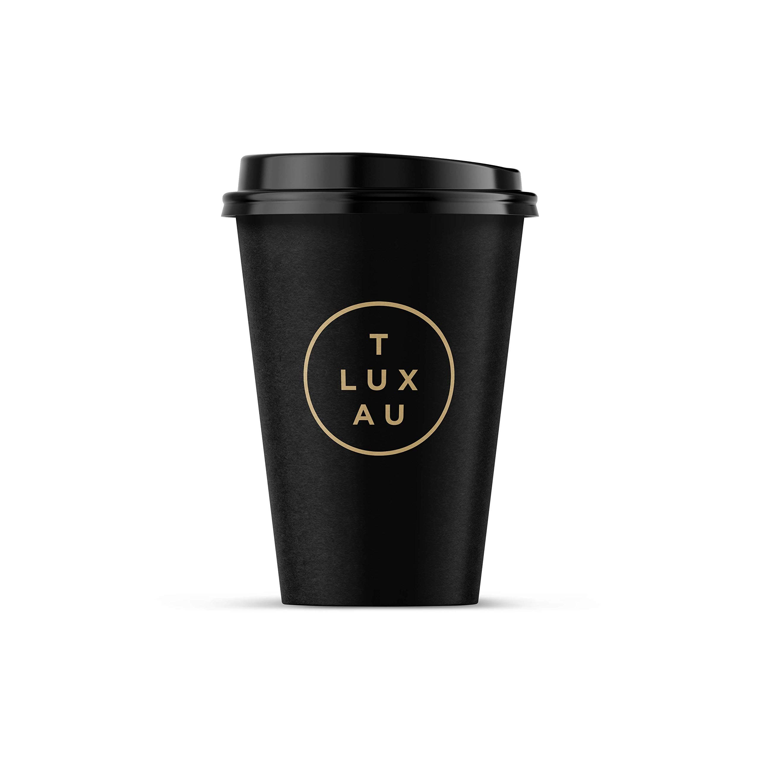 TLUXAU Luxury Black 12 oz Disposable Coffee Cups with Lids. Box of 75.