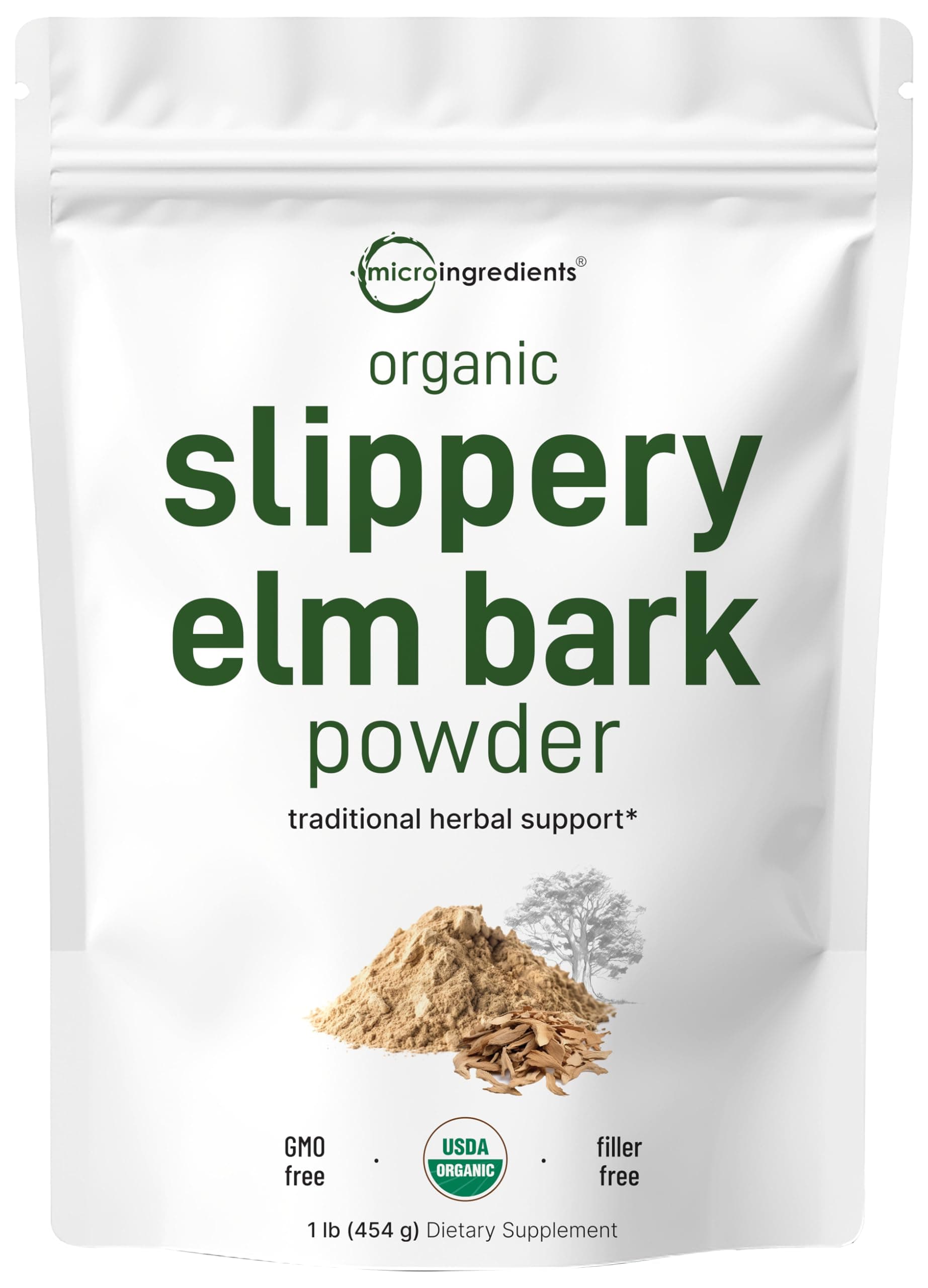 Micro Ingredients Sustainably US Grown Organic Slippery Elm Bark Powder, 1 Pound, Helps Soothe The Throat and Coughing, No Irradiated, No Contaminated, No GMOs and Vegan Friendly
