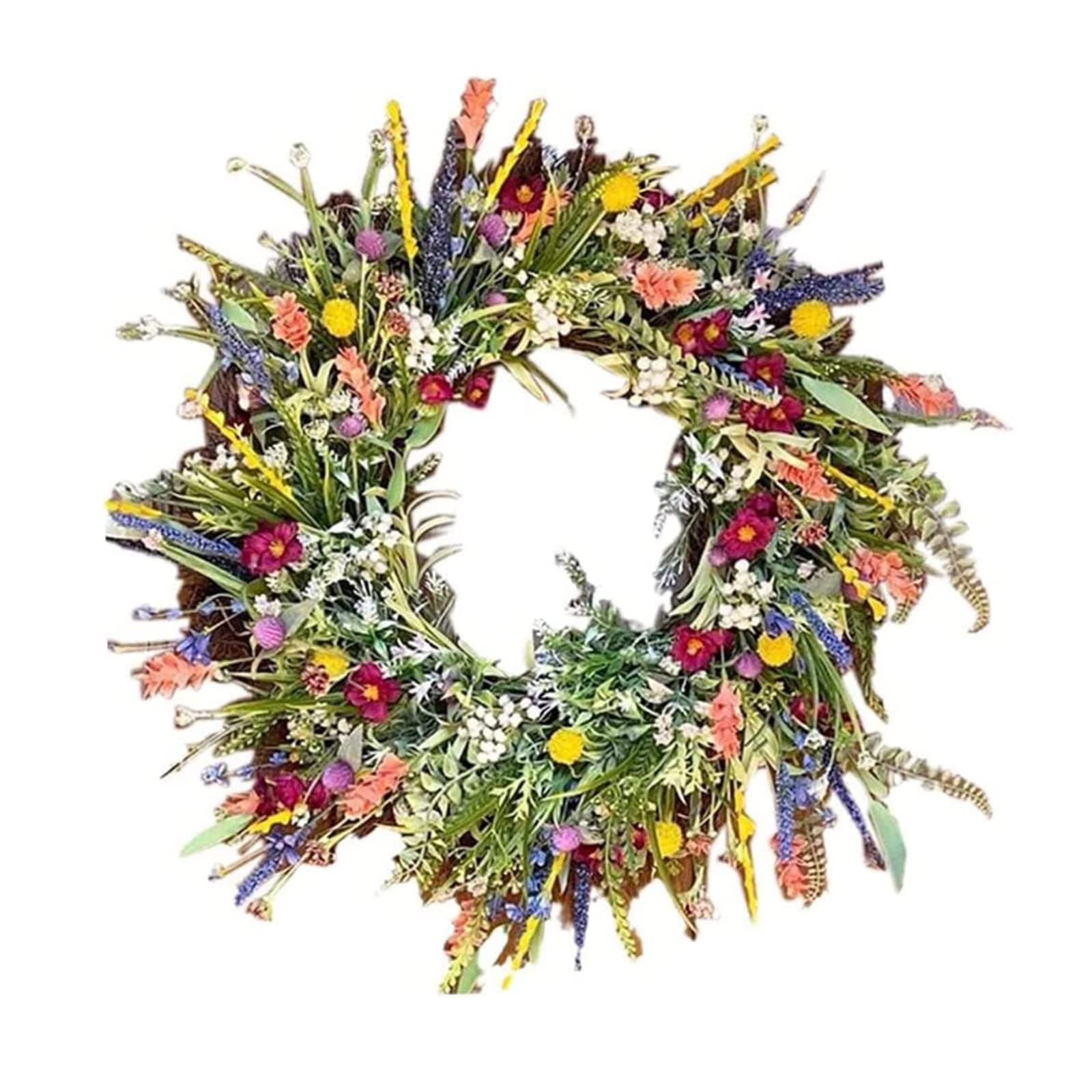 Spring Summer Door Wreath for Front Door, Artificial Wildflower Spring Wreath, Multipurpose Decorative Garland Colorful Spring Summer Garland Door Wreaths Outdoor All Year Decor (35cm)