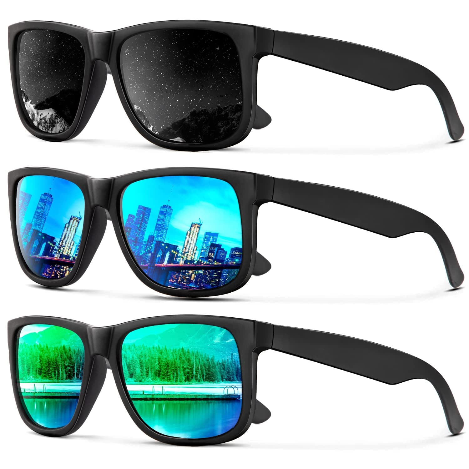 Sunglasses Men Polarized Sun glasses for Mens Womens Classic Matte Black Frame UV Protection 3pack