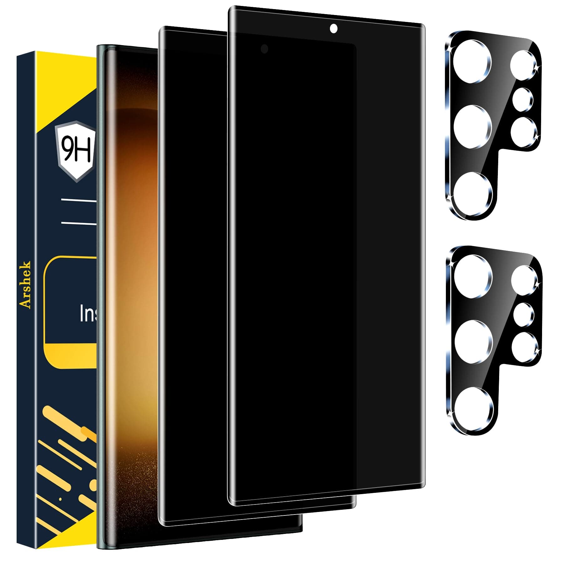 Arshek [2+2 Pack] Galaxy S23 Ultra Privacy Screen Protector, 9H Tempered Glass, Ultrasonic Fingerprint Support, 3D Curved, HD Clear Anti-Spy Film for Samsung S23 Ultra 5G Glass Screen Protector