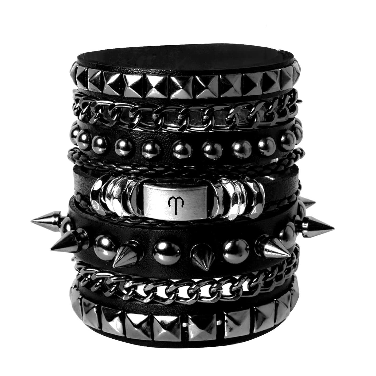 Eigso Leather Punk Rock Cuff Bracelets for Men Women Retro Vintage Chain 80s Wristband Set for Man Woman