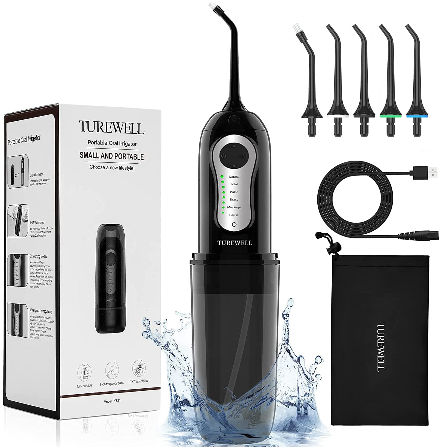 TUREWELL Cordless Water Flosser,260ML Portable Water Flossing Teeth Cleaner with 6 Modes 3 Jet Tips,IPX7 Waterproof Professional Oral Irrigator,Electric Water Dental Pick for Home/Travel (Black)