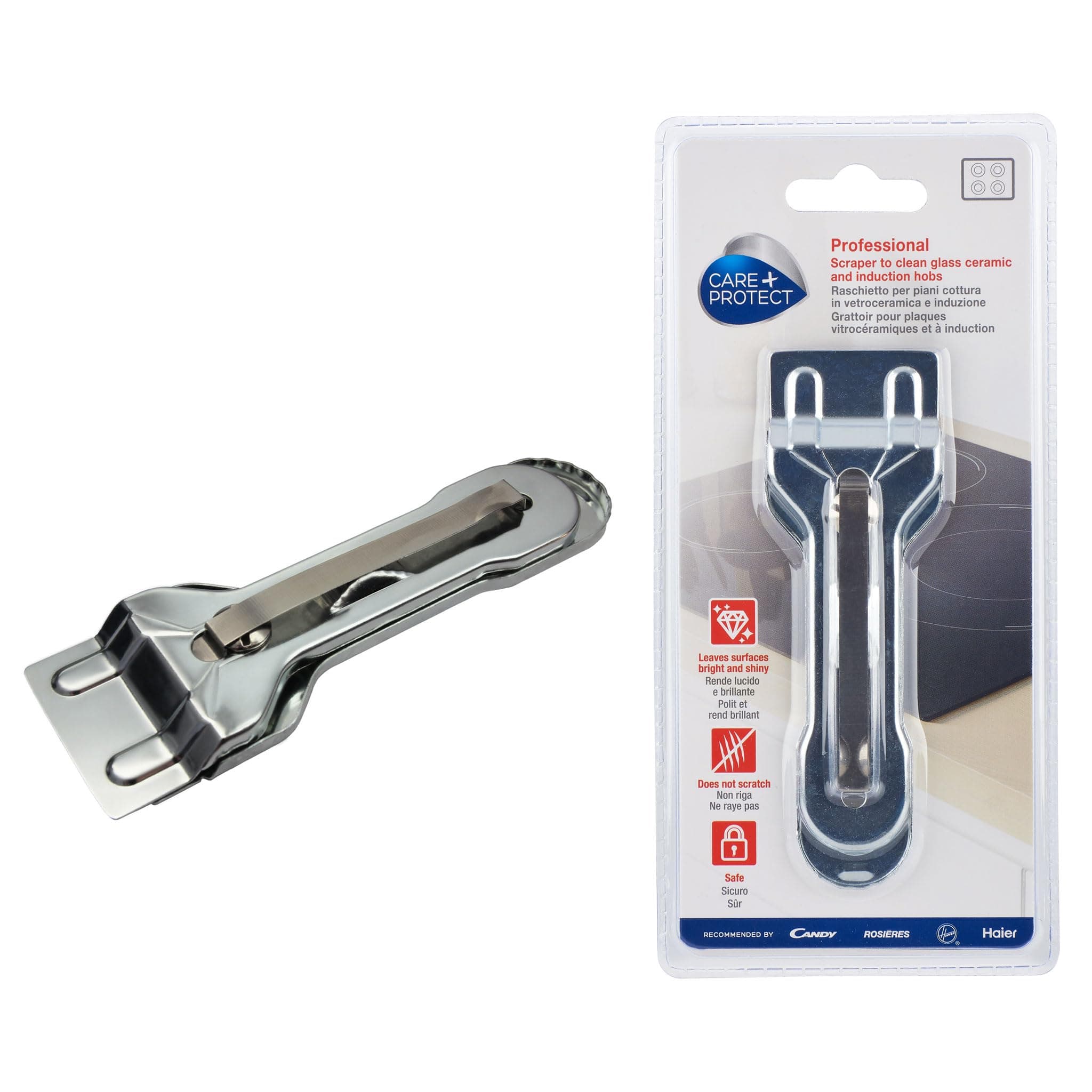 CARE + PROTECT Cleaning Scraper, Kitchen Tool for Glass, Ceramic, and Induction Hobs, No Scratch, Leaves Surfaces Bright and Shiny, Safe, Blade Replaceable