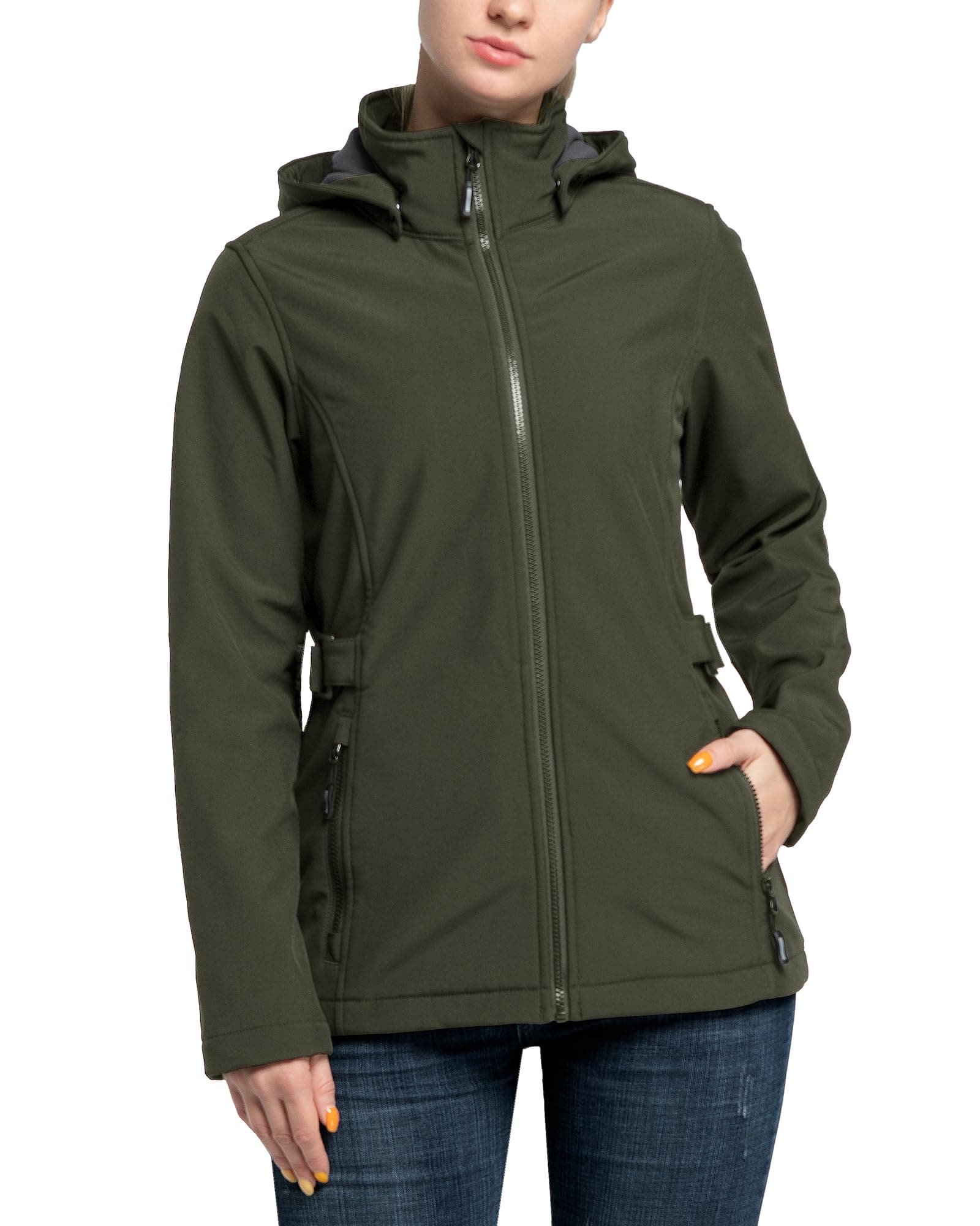 Outdoor Ventures Women's Softshell Jacket with Removable Hood, Insulated Windbreaker Waterproof Warm Fleece Lined Coat
