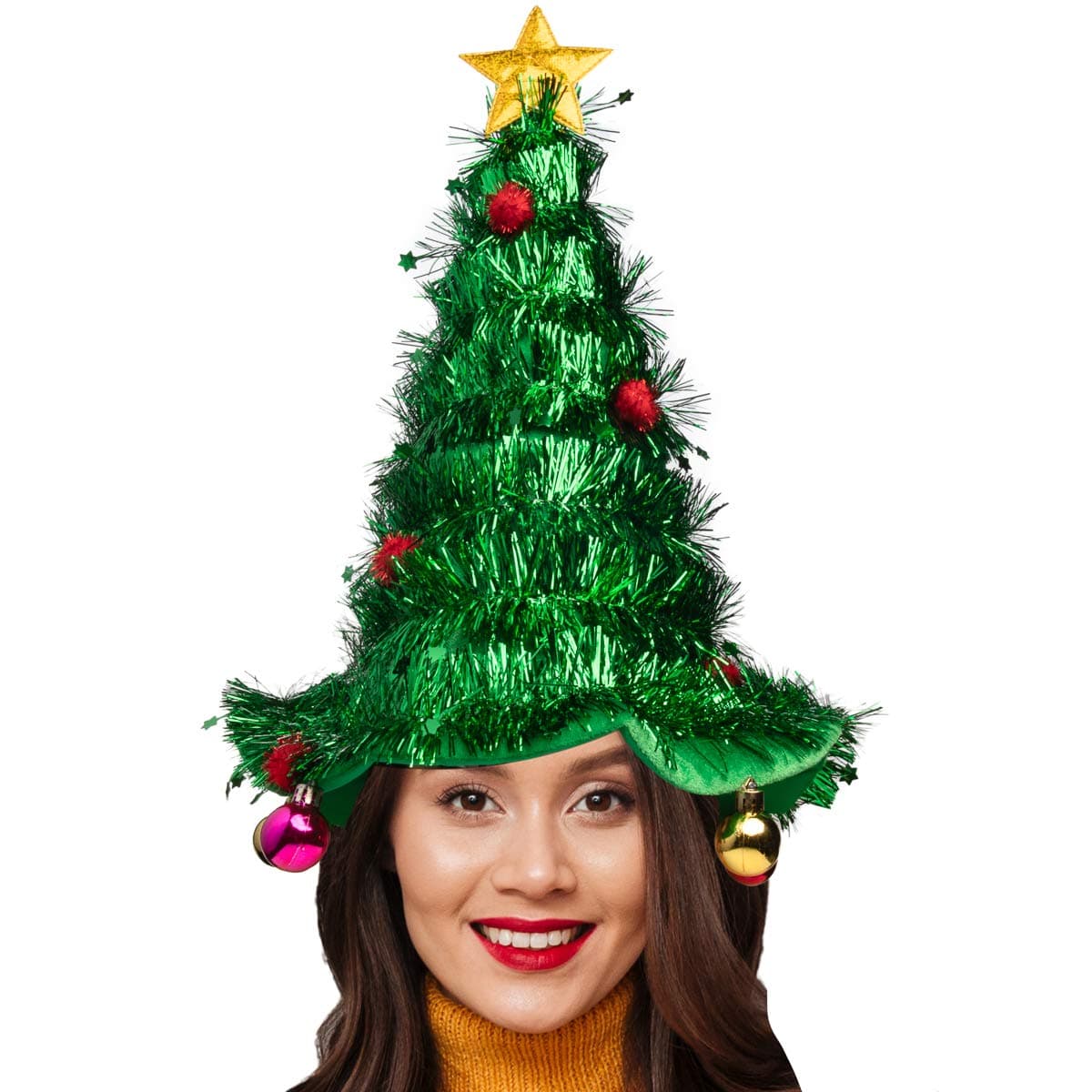 Simply Genius Christmas Tree Hat - One Size (18″H x 12″W) Green Polyester - Tinsel & Ornaments Party Prop for Adults & Teens - Ugly Christmas Hat