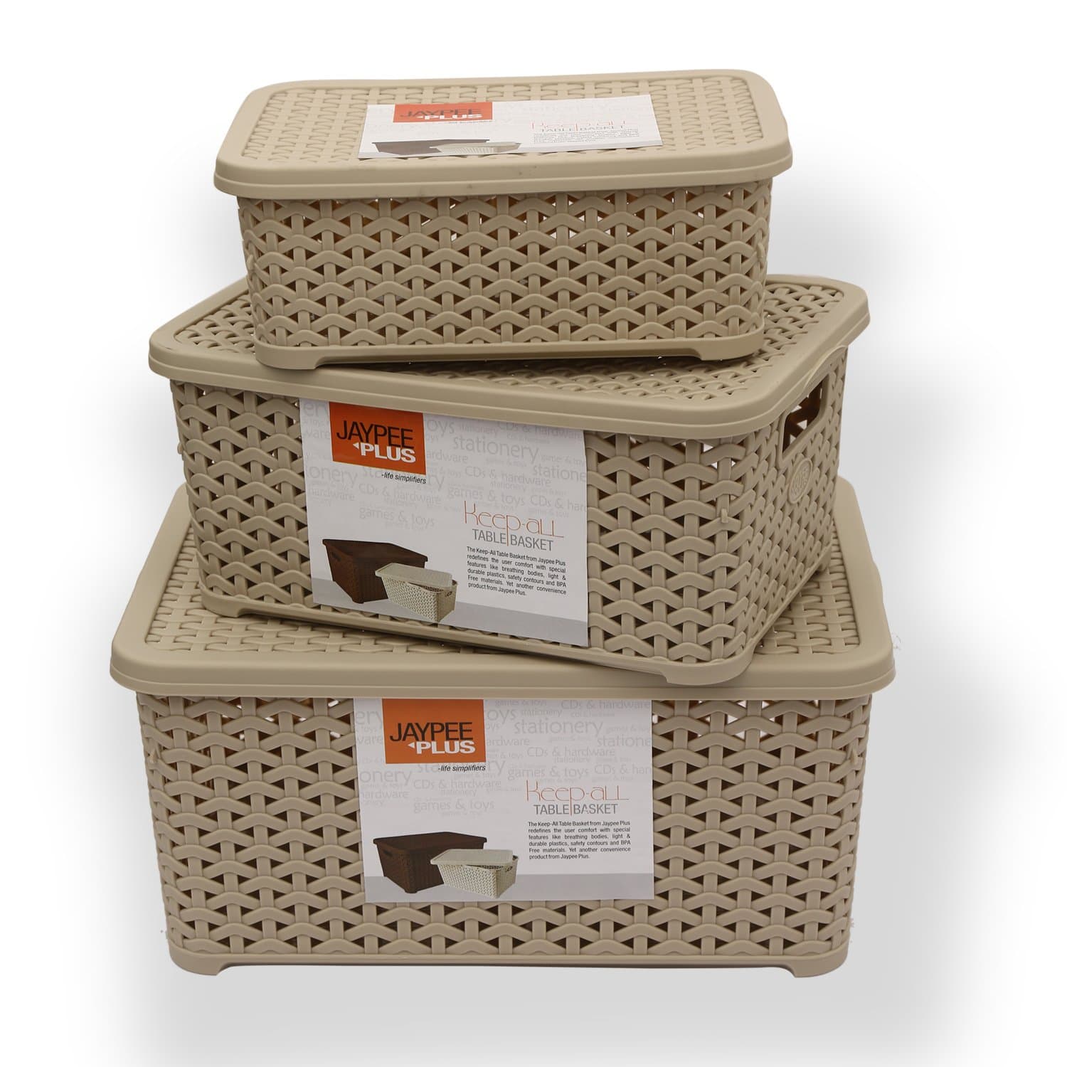 Jaypee Plus Keep all 3 Plastic Storage Basket Organizers With Lid For Kitchen & Office Multipurpose Wardrobe Stationery, Beige