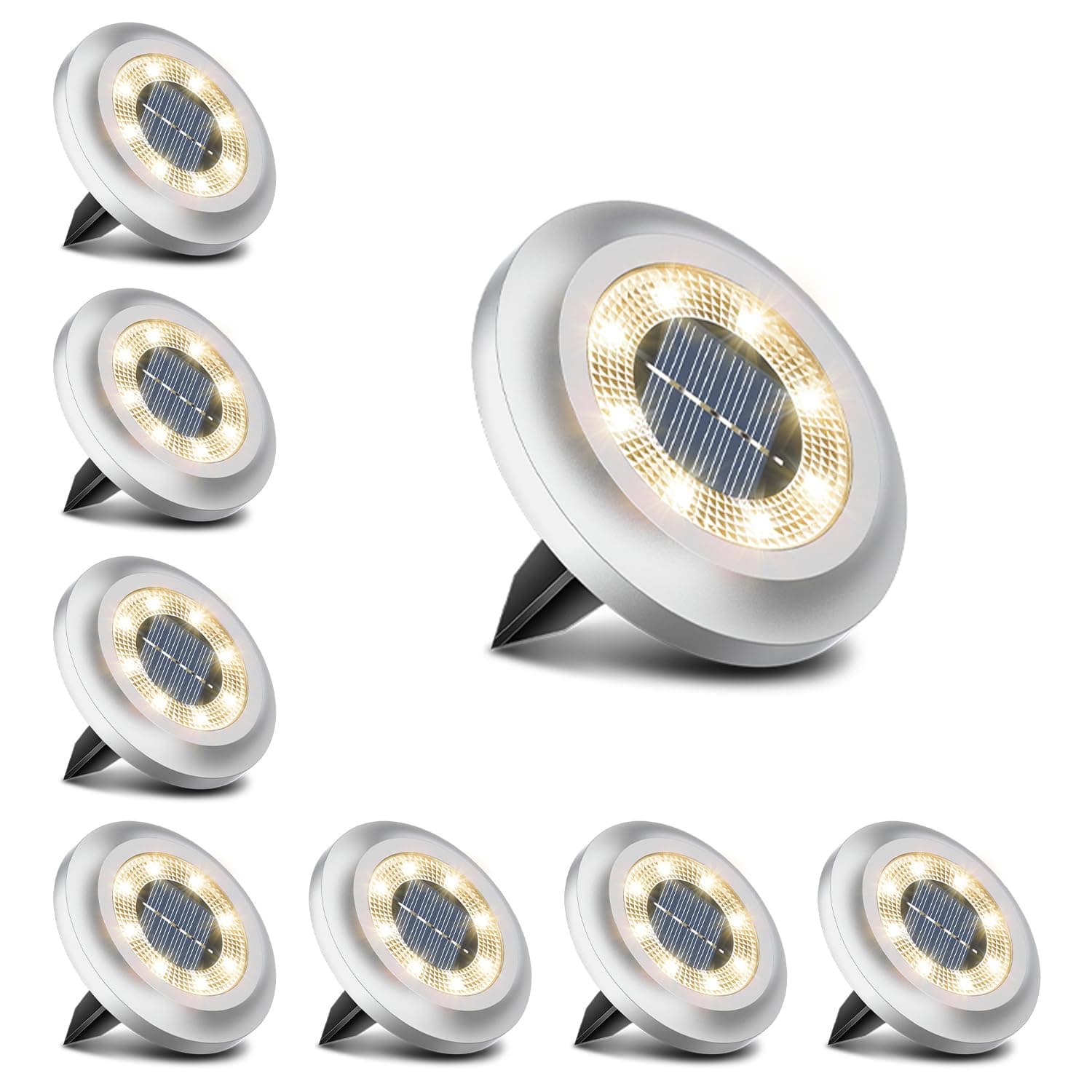 Solar Lights Outdoor Garden,600mAh 8 LED Solar Disk Ground Lights for Garden Lawn Pathway Yard Landscape Walkway（8 Pack Warm White）
