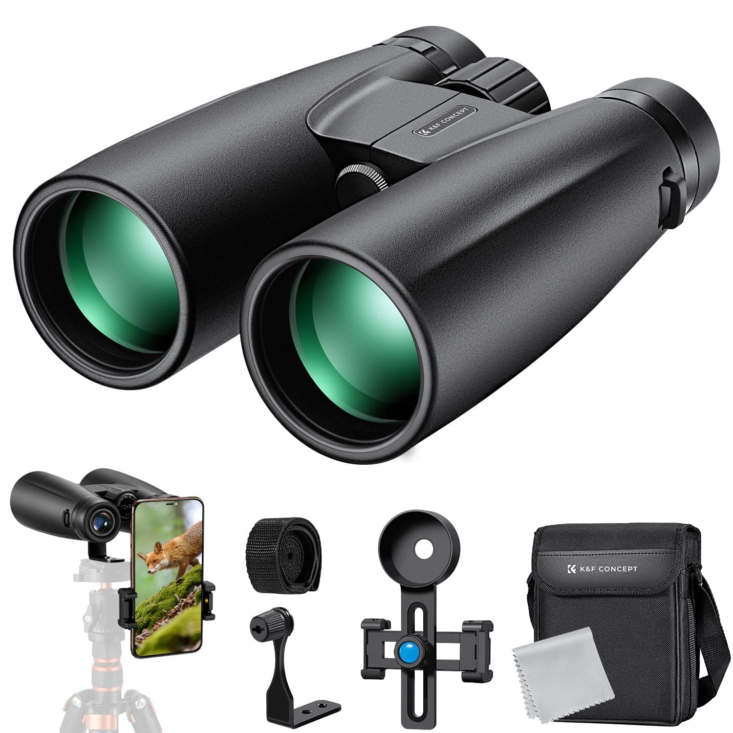 K&F Concept® 12X50 Binoculars Telescope with Smartphone Adapter, Tripod Adapter, Cleaning Cloth, FMC Lens BAK4 Prism for Adults, HD Binoculars for Bird Watching Hunting Hiking Camping Travelling