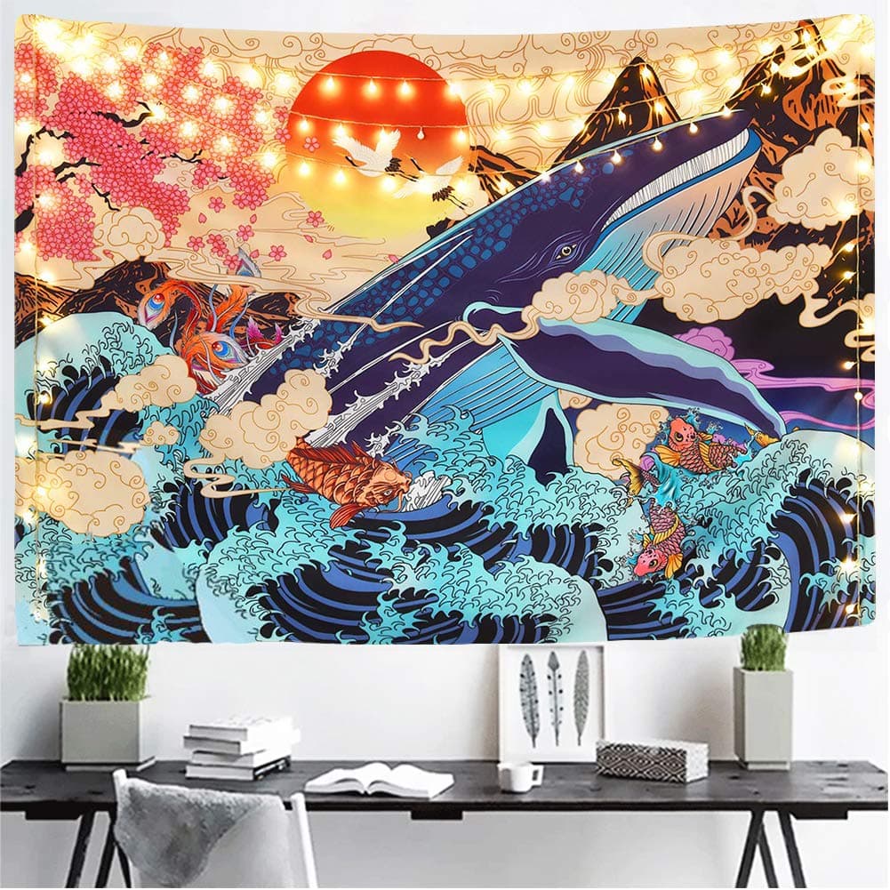 Cestbin Japanese Ukiyo-e The Great Wave Tapestry - Psychedelic Sun Animal Ocean Trippy Wall Art for Dorm Bedroom Living Room (Sunset Wave, 51.2" x 59.1")