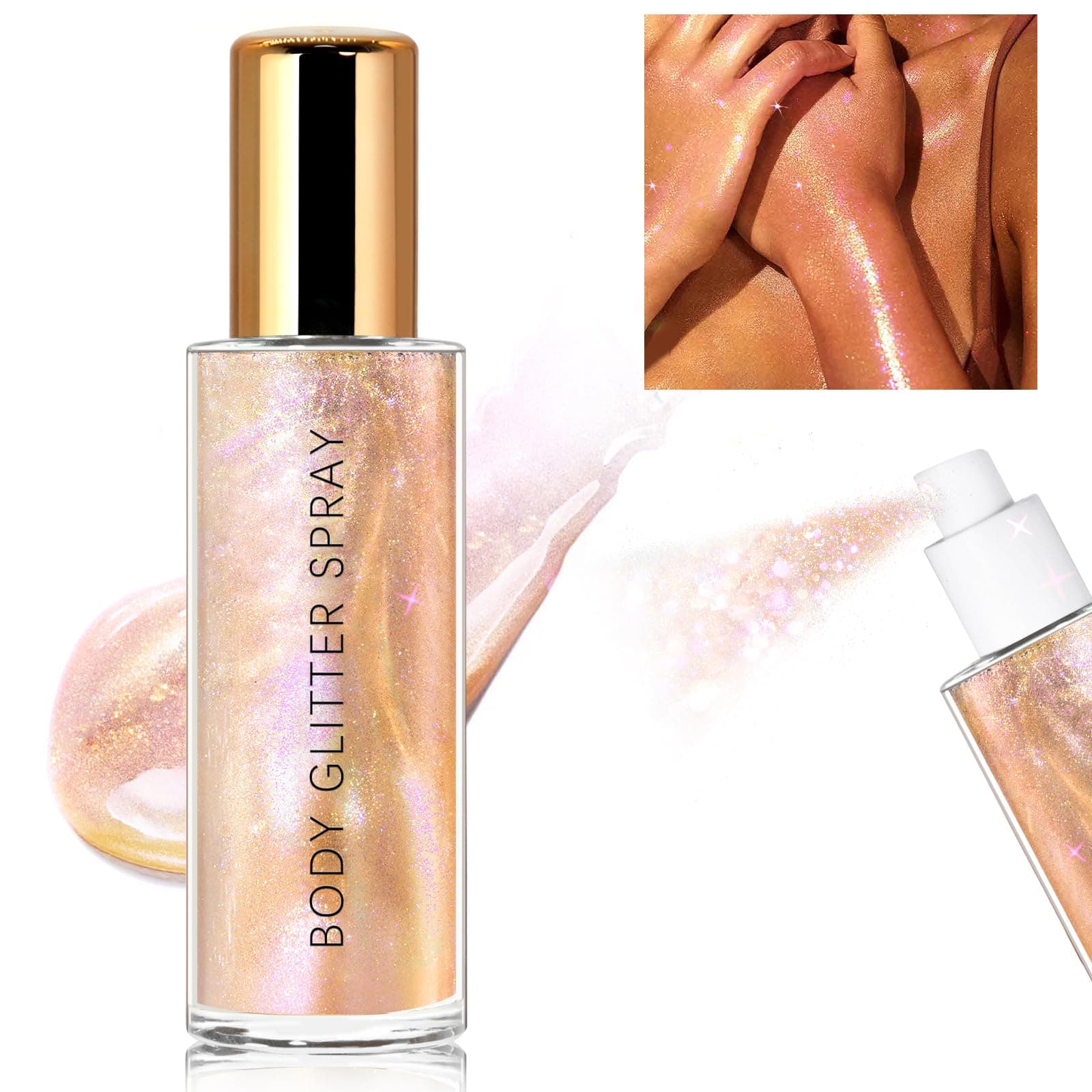 Body Glitter Spray, Moisturizing Bronze Body Shimmer Luminizer Glow Illuminator Quick-Drying and Non-Sticky Liquid Highlighter Spray for Face Hair Glitter, 60ML -Rose Gold