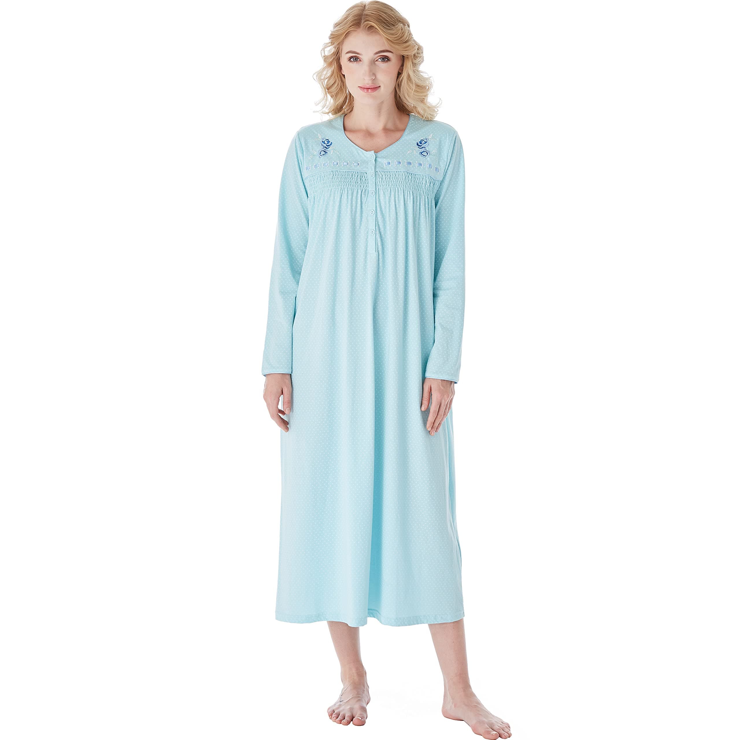 KeyoceanNightgowns for Women, Soft Cotton Comfy Lightweight Embroidered Long-sleeve Nightdress