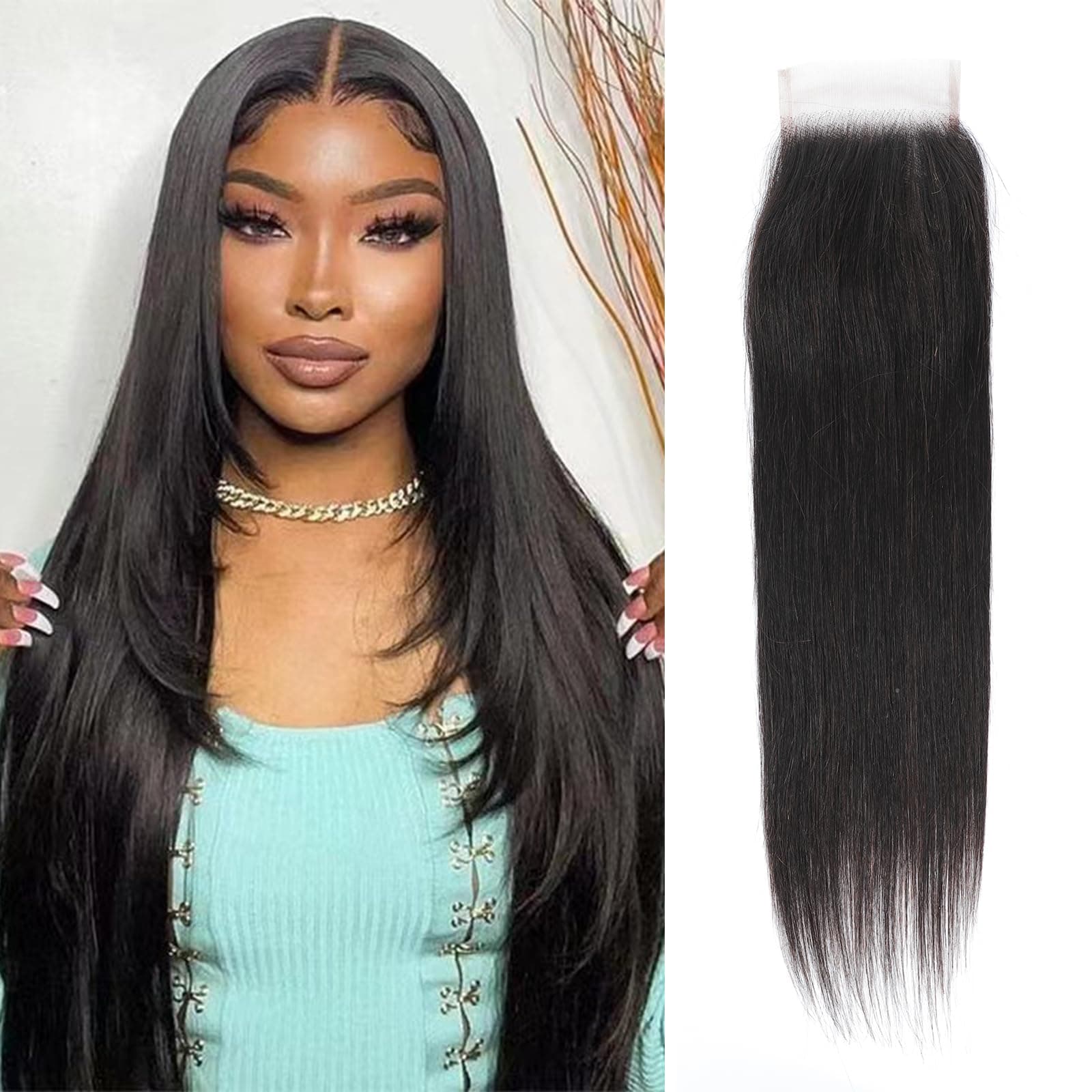 TendresseStraight Closure 4X4 Lace Closure Brazilian 10A Virgin Human Hair Lace Closure with Baby Hair Natural Color(14 inch)