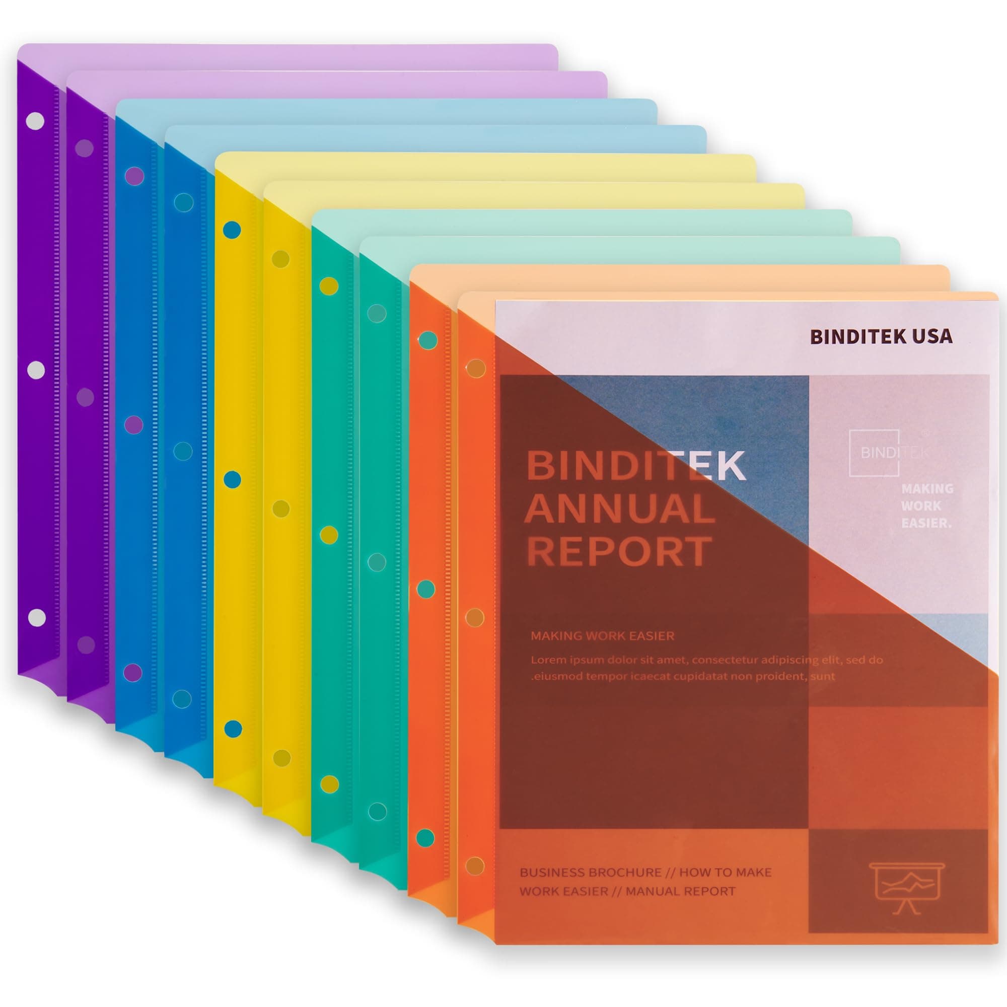 Binditek 10 Pack Poly Slash File Jackets for 3 Ring Binder, 3-Hole Punched Binder Pockets Organizer, Letter Size, 5 Assorted Colors, for Students and Coworkers