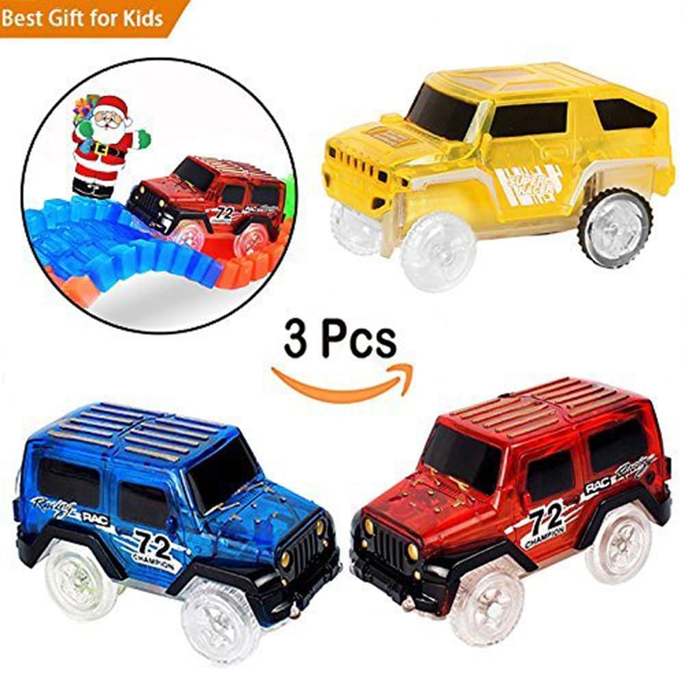 3pcs Magic Track Cars Replacement Race Track Cars for Magic Tracks Light up Glow in the Darkness Fast Track Racing Cars with 3 LED Lights for Boys and Girls Red Blue and Yellow