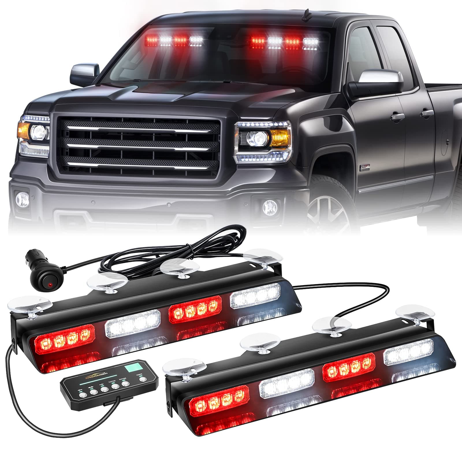 XRIDONSEN Emergency Dash Strobe Lights Safety Flashing Warning Hazard Interior Front/Rear Windshield Deck Split Light w/ Suction Cups for Volunteer Firefighter Vehicles Trucks (2x14 inch, Red White)
