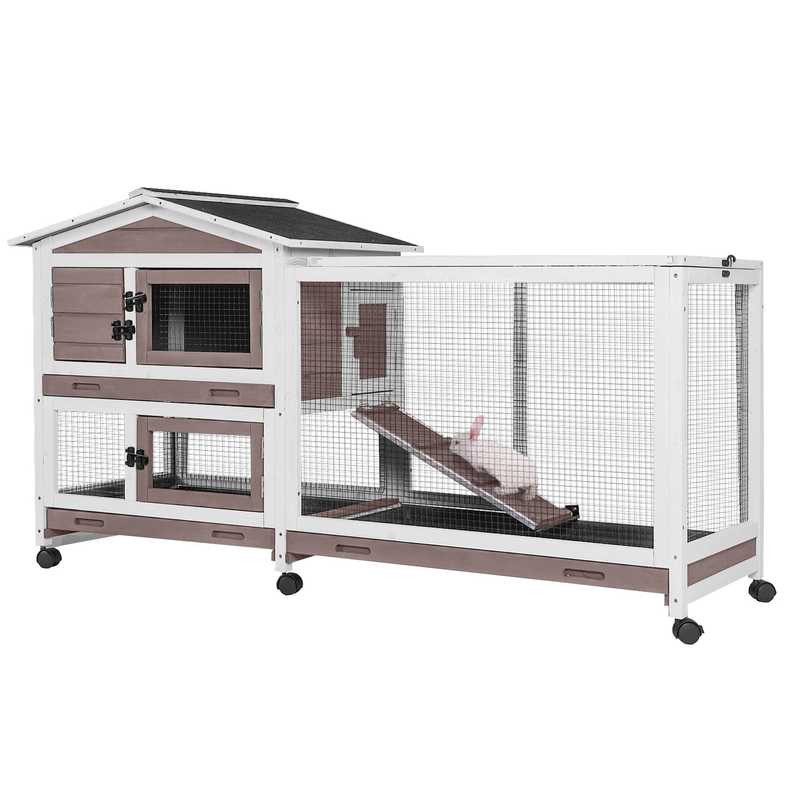 Rabbit Hutch with Chew-Resistant Ramp Indoor Bunny Cage Outdoor Guinea Pig Cage with Wheels and Leakproof Tray