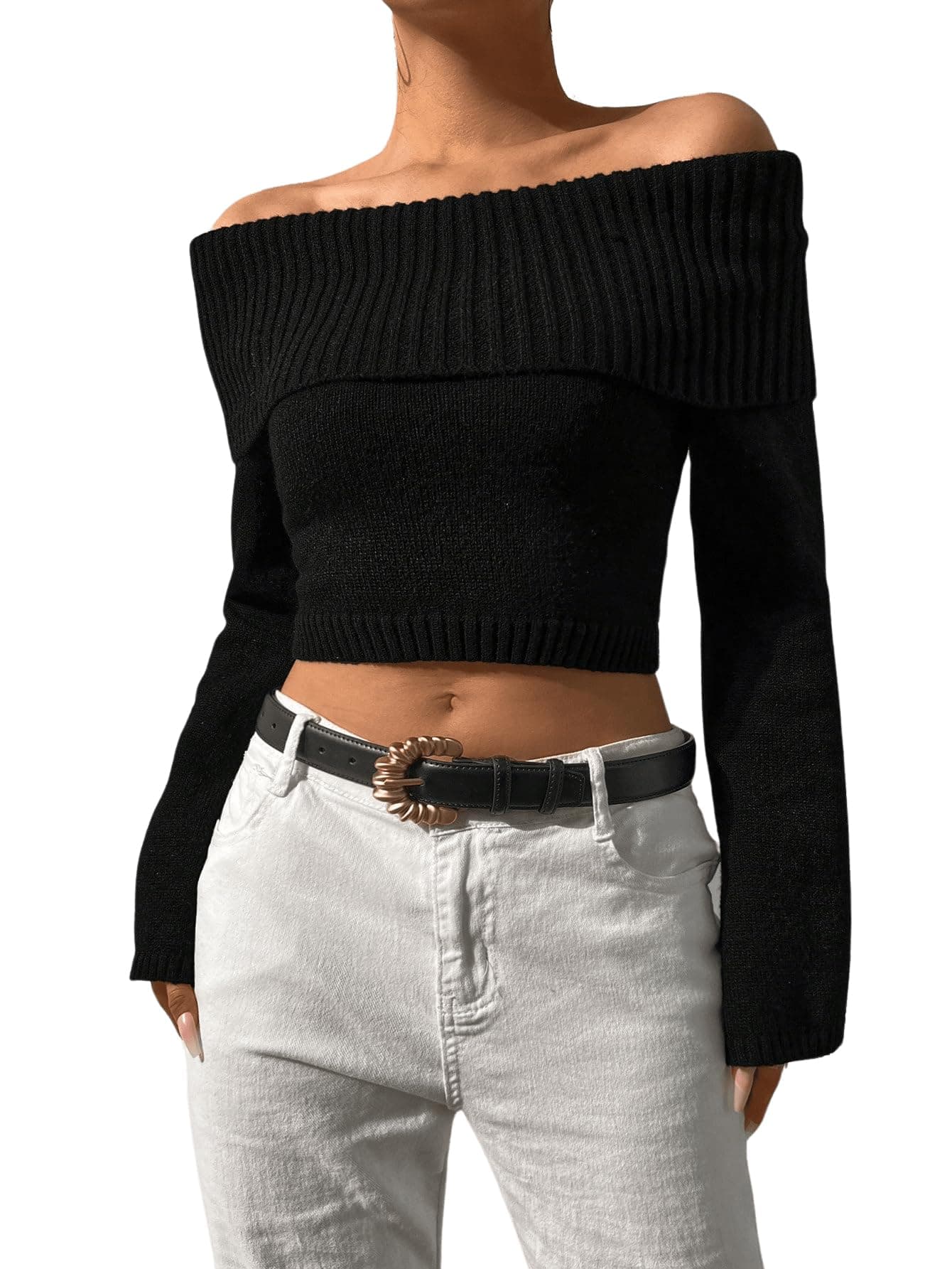 MakeMeChic Women's Off Shoulder Foldover Long Sleeve Knitted Pullover Sweater Crop Tops