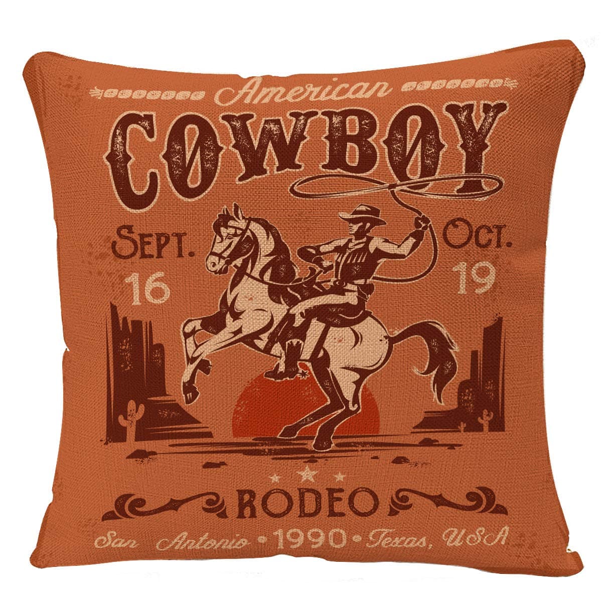 Throw Pillow Cover Western Rodeo with Cowboy Sitting on Rering Horse Decorative Pillow Case American Retro Style Square Pillowcase 18 x 18 Inch