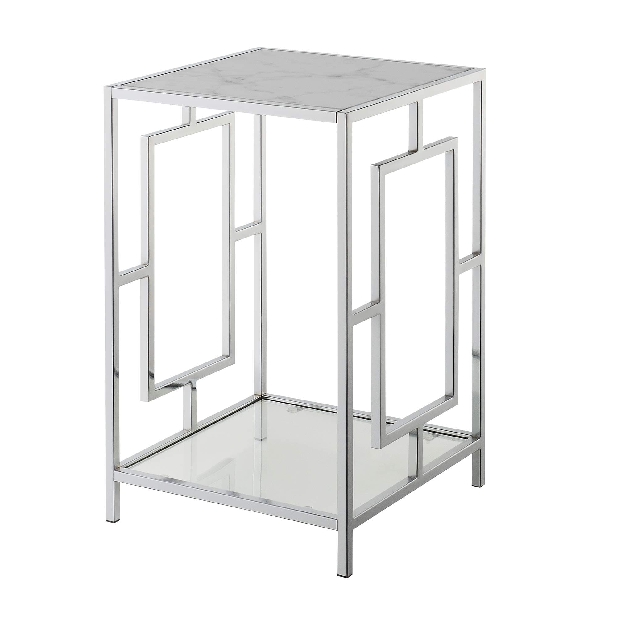 Convenience Concepts Town Square Chrome End Table with Shelf, White Faux Marble/Chrome