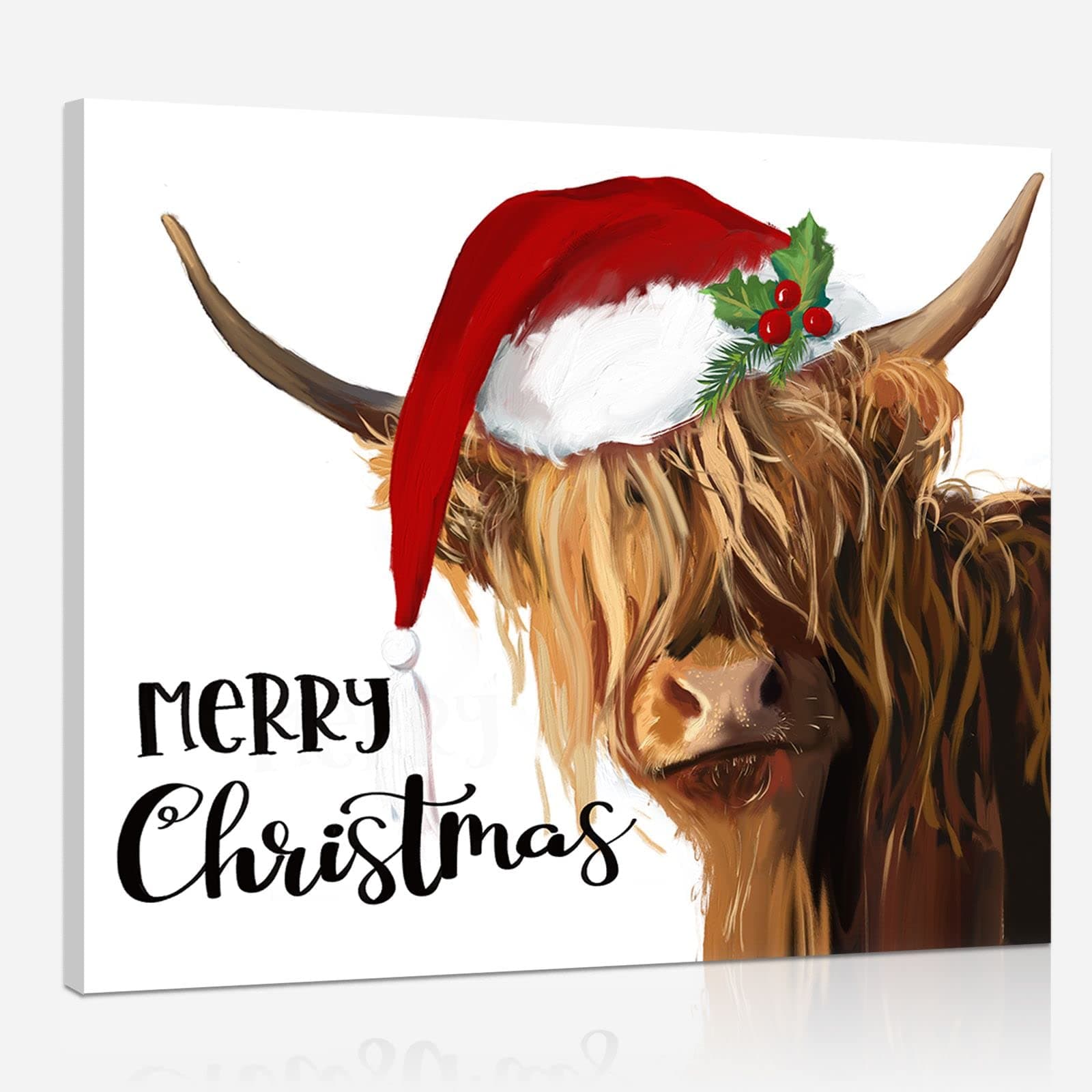 YPYHighland Cow Canvas Wall Art: Merry Christmas Cow Decorations for Home - Red Hat Cow Picture Farmhouse Decor Cute Farm Animal Print Framed Poster for Bedroom Living Room 10" x 12"
