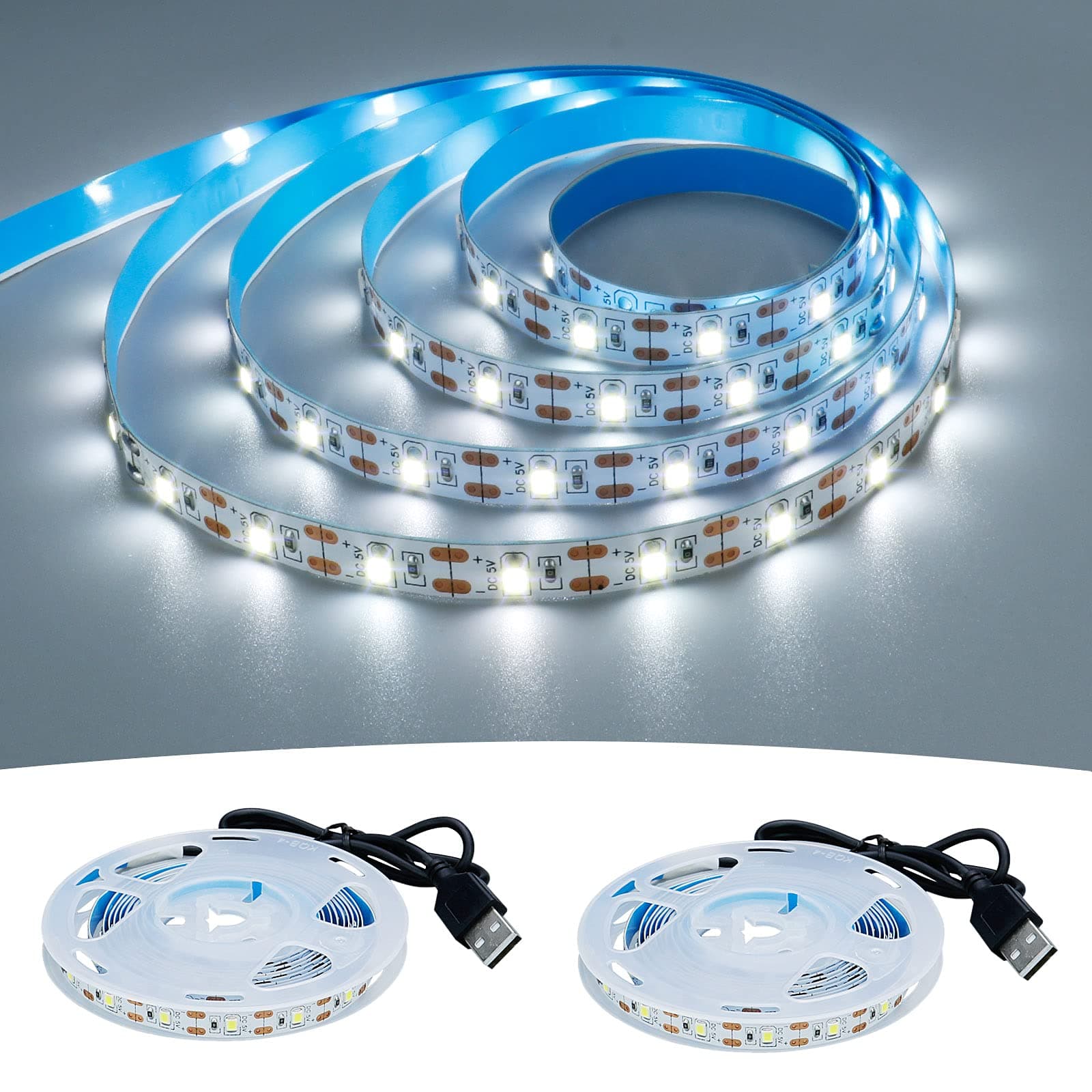 USB LED Strip Light Cool White 6000K 5V USB Powered 13.12ft/4M 240LEDs Flexible SMD2835 High Brightness No-Waterproof IP20 LED Tape Lights(2pcs x 6.6ft)