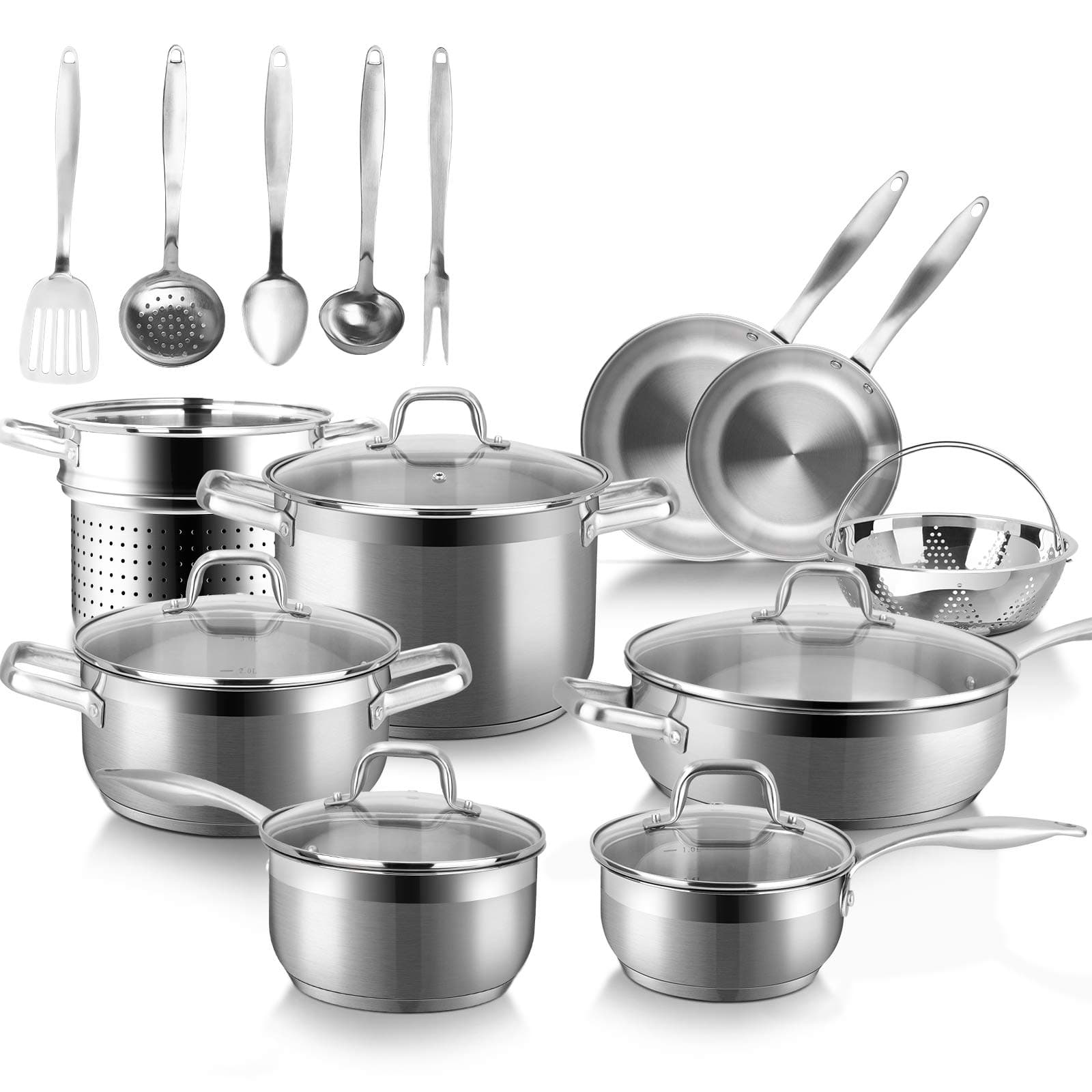 Professional Stainless Steel Induction Cookware Set, 19PC Kitchen Pots and Pans Set, Heavy Bottom with Impact-bonded Technology