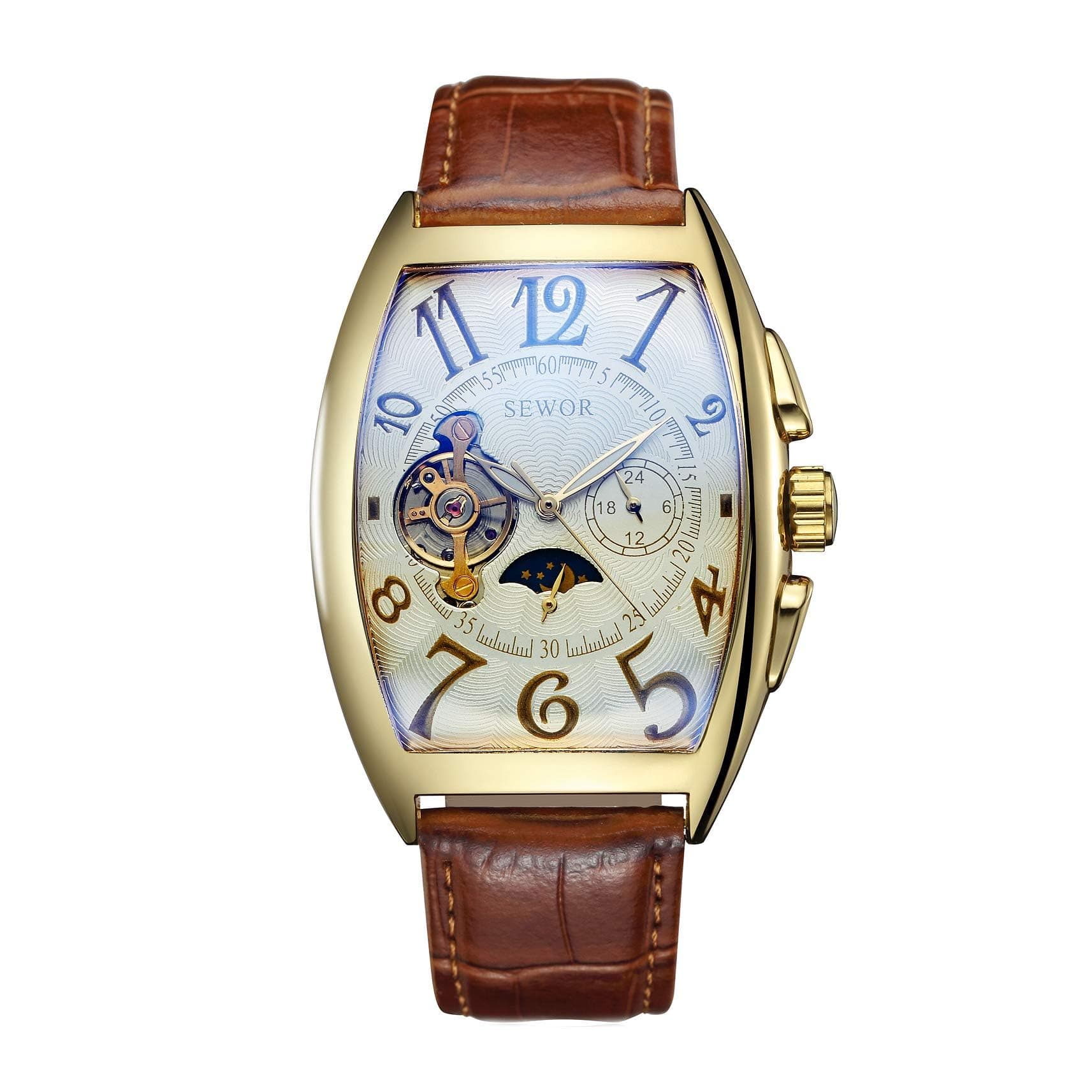 Mens Automatic Business Dress Tonneau Moon Phase Wrist Watch Mechanical Self Wind