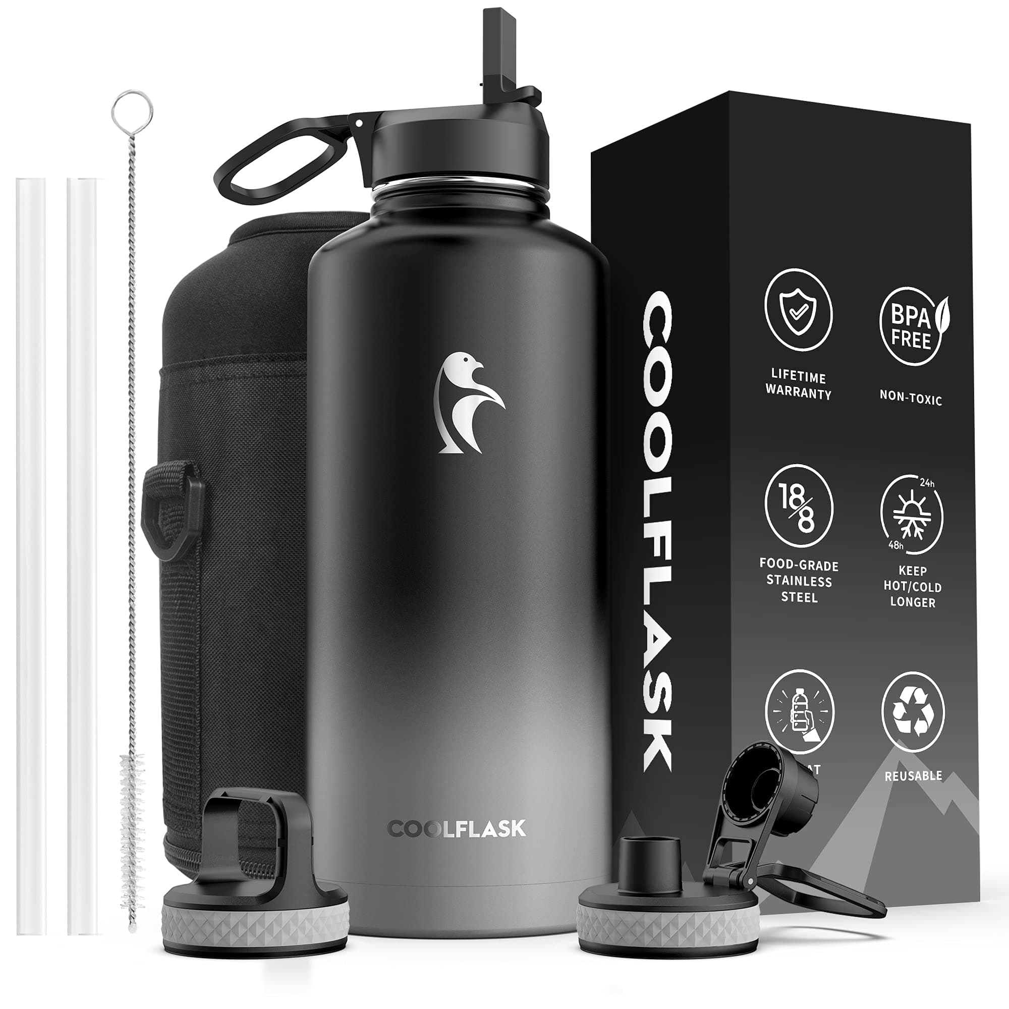 Coolflask Water Bottle 87 oz with Straw, 2/3 Gallon Insulated Stainless Steel 3 Lids Large Water Jug Wide Mouth for Sports or Office, Non-BPA Keep Cold Up to 48 Hrs or Hot Up to 24 Hrs, Piano Night