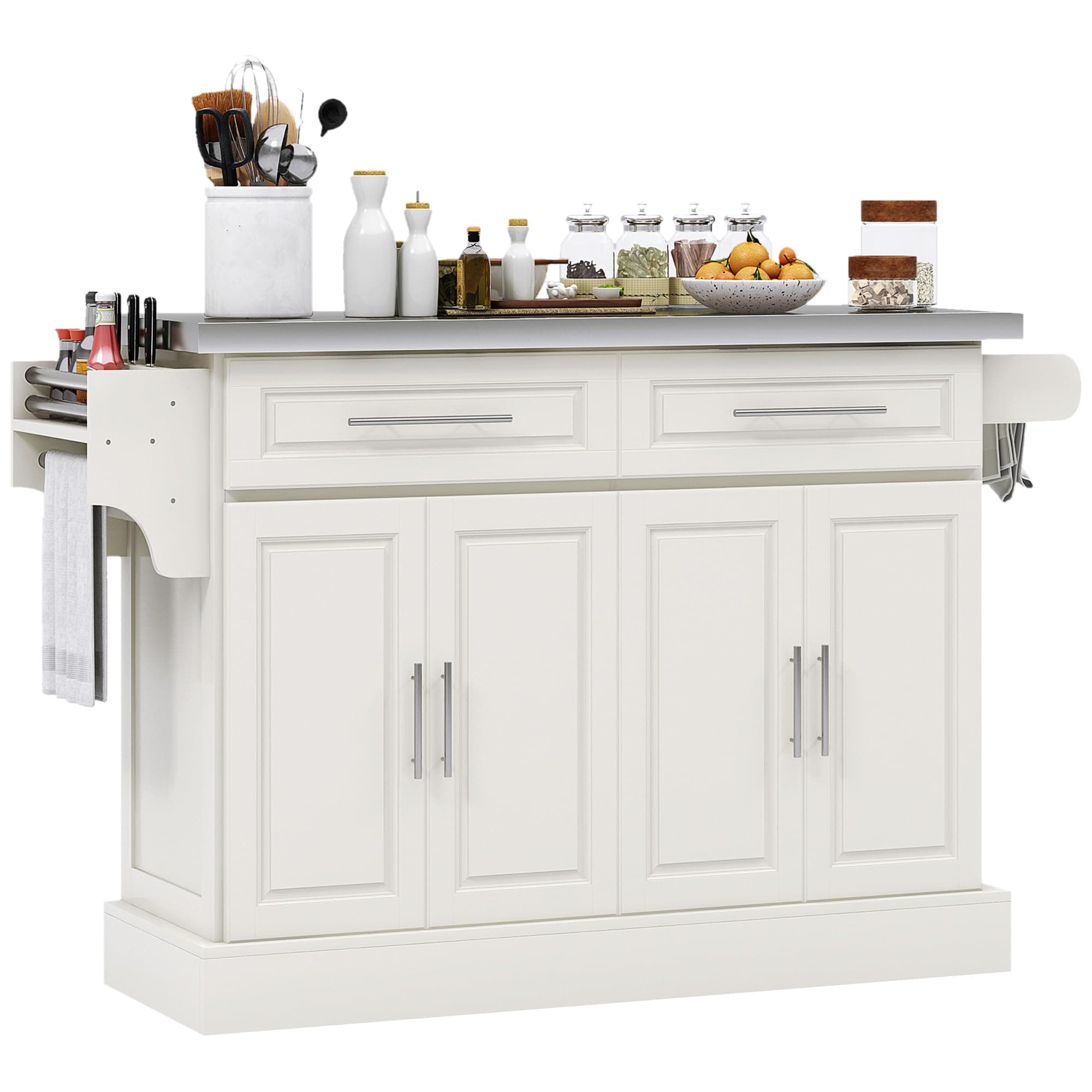 HOMCOM Rolling Island with Wheels for Kitchen, Portable Kitchen Island with Stainless Steel Top, Adjustable Shelves, 2 Drawers, Spice, Knife and Towel Rack, Cream White