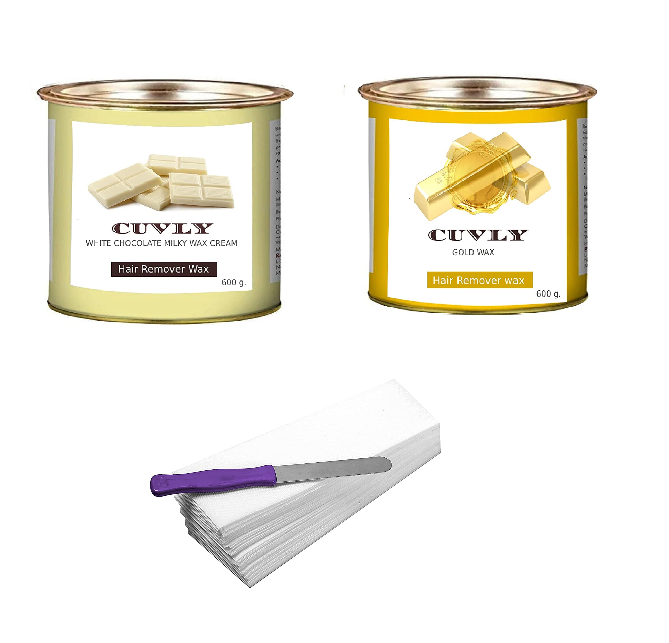 Wax Waxing Hair Removal Hot Wax Kit,White Chocolate 600g + Gold Wax 600g + strip 70pcs + knife Wax Combo Kit (Pack of 4) (White Chocolate Wax & Gold Wax)