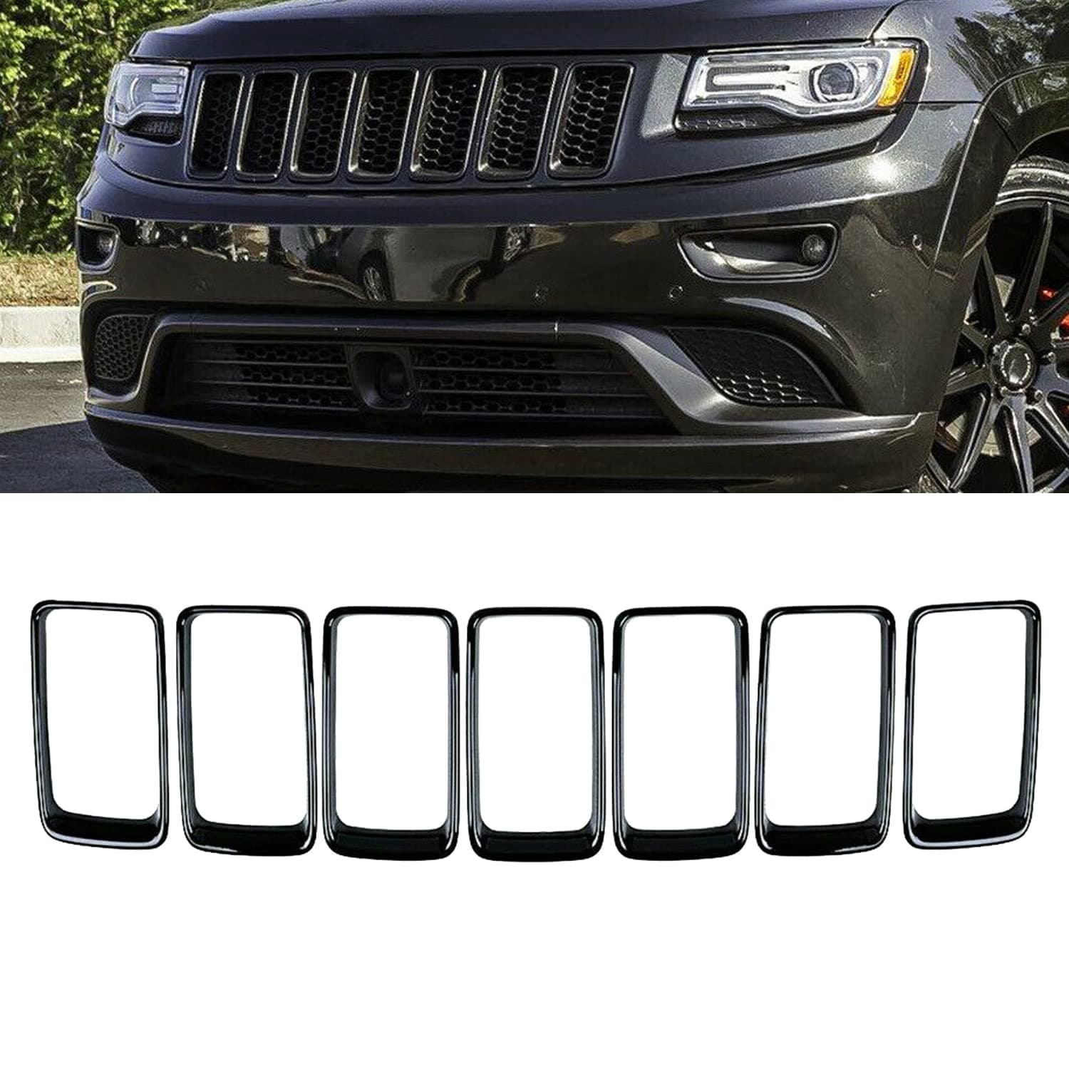 7Pcs Front Bumper Rings Grill Vent Insert Trim Cover Compatible with 2014 2015 2016 Jeep Grand Cherokee Gloss Black