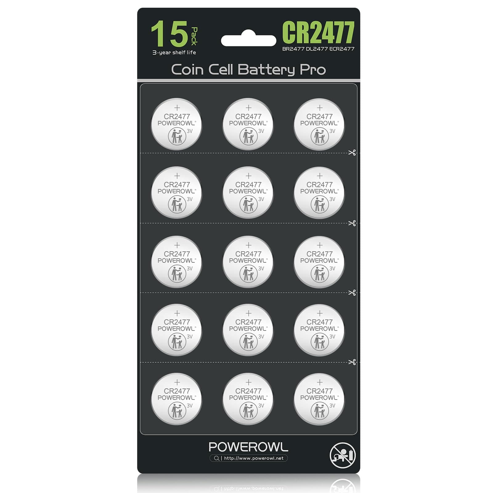 POWEROWL High Capacity CR2477 Battery (15-Pack) 3v Lithium Batteries, Leak-Free Long Lasting Cr 2477