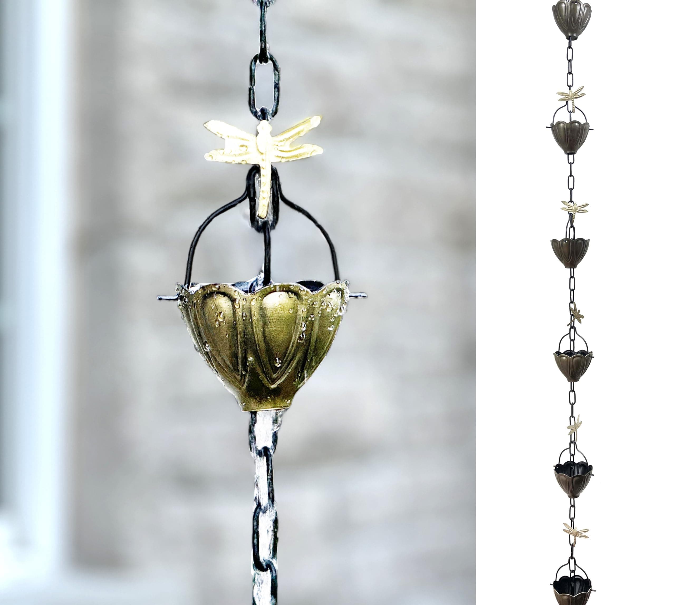 Rain Chains by JASINC 8.5 ft Dragonfly Rain Chain Antique Brass, to Replace Gutter Downspout, Water Diverter, JAS8004AB