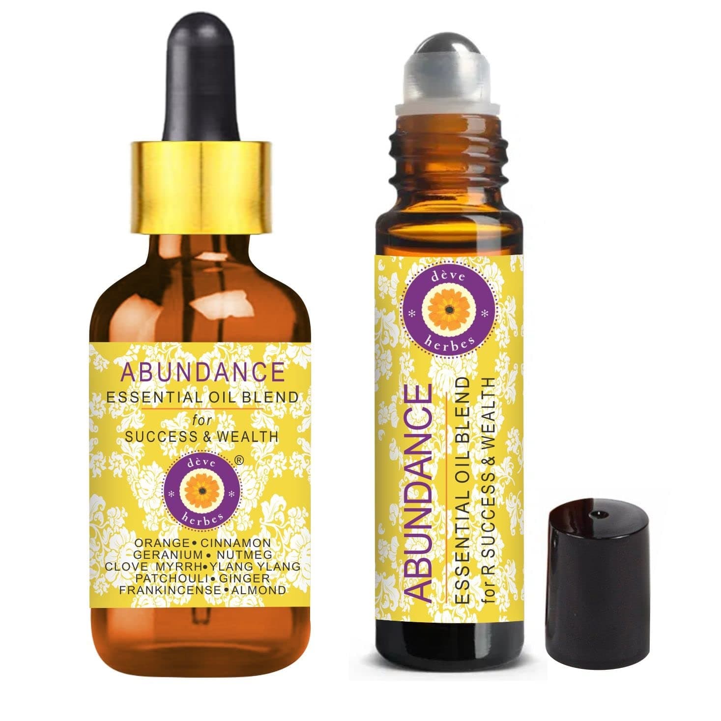 Deve Herbes ABUNDANCE - Essential Oil Blend for Success & Wealth with Orange, Cinnamon, Geranium, Nutmeg, Clove, Myrrh, Ylang Ylang, Patchouli, Ginger, Frankincense Essential Oils 10ml & 5ml